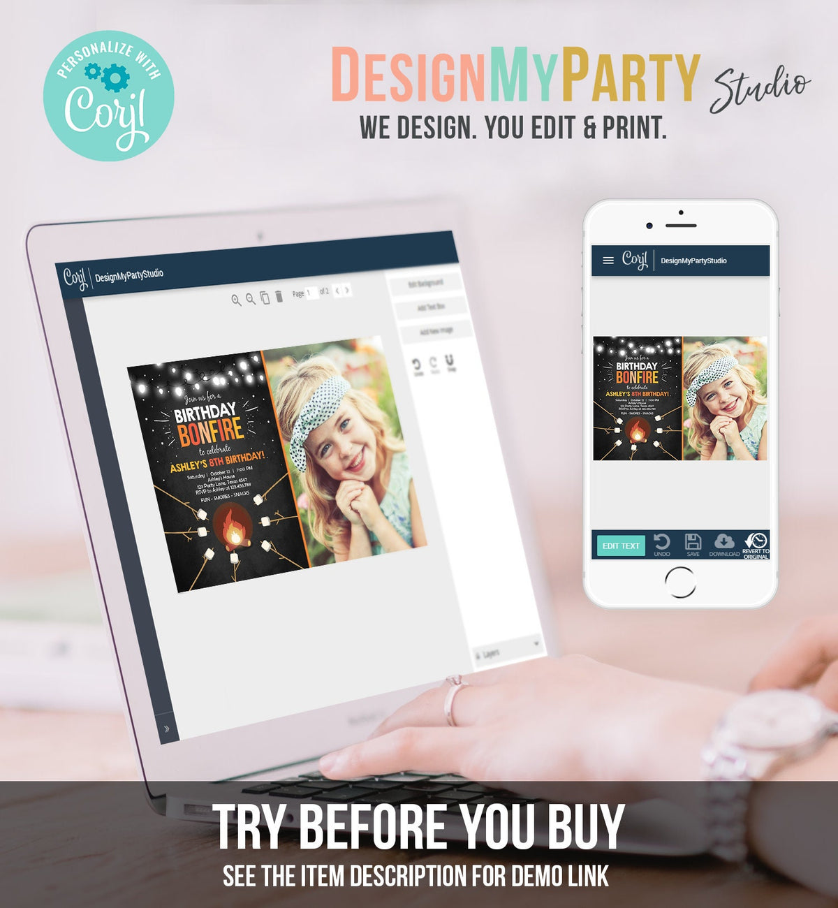 Editable Birthday Bonfire Invitation Camping Smore Fun Cookout Party S&#39;more Birthday Download Printable Invite Template Corjl Digital 0014