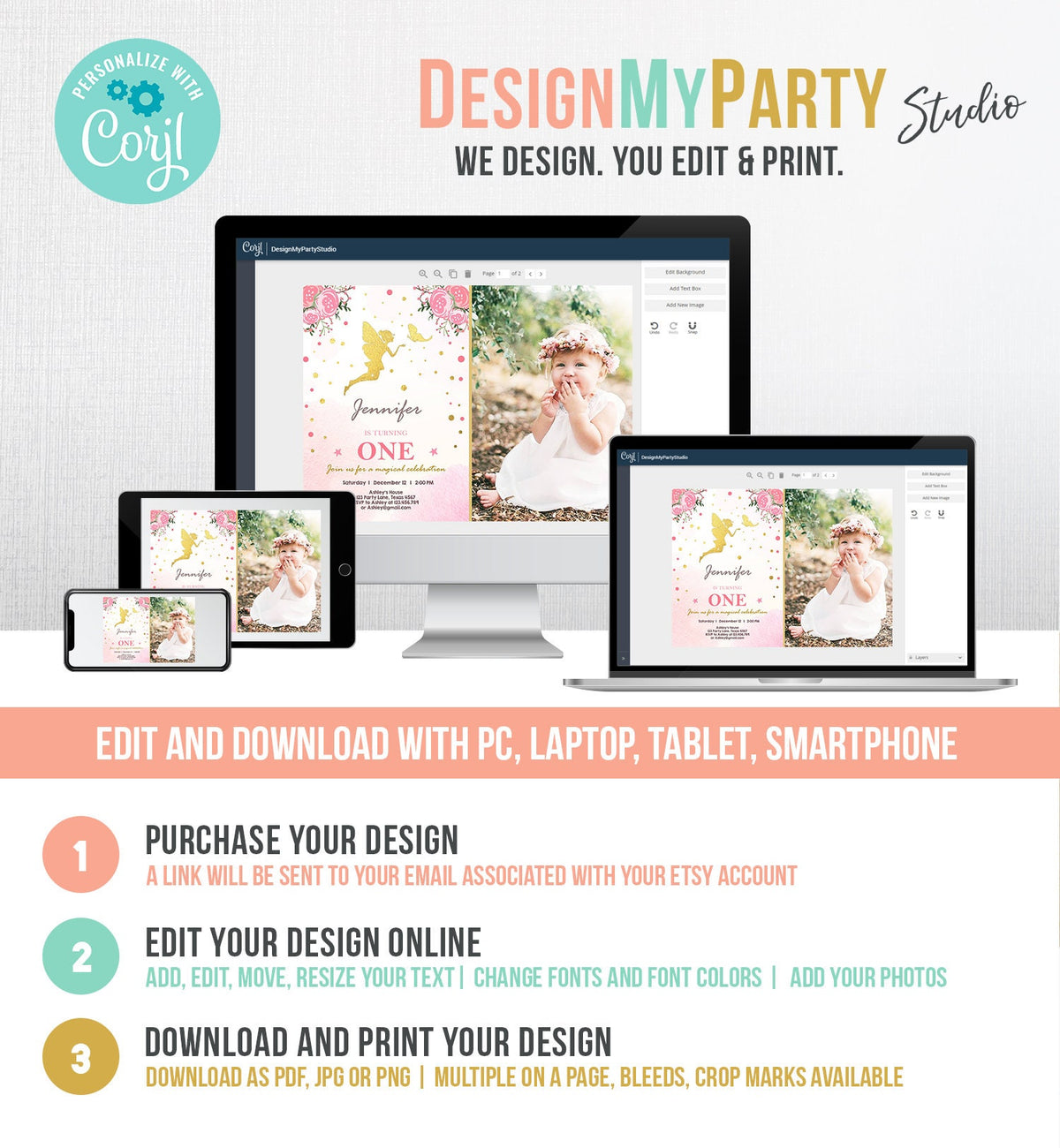 Editable Fairy Birthday invitation Magical Fairy Invite Fairy Party Girl Pink Gold Floral Download Printable Invitation Template Corjl 0208