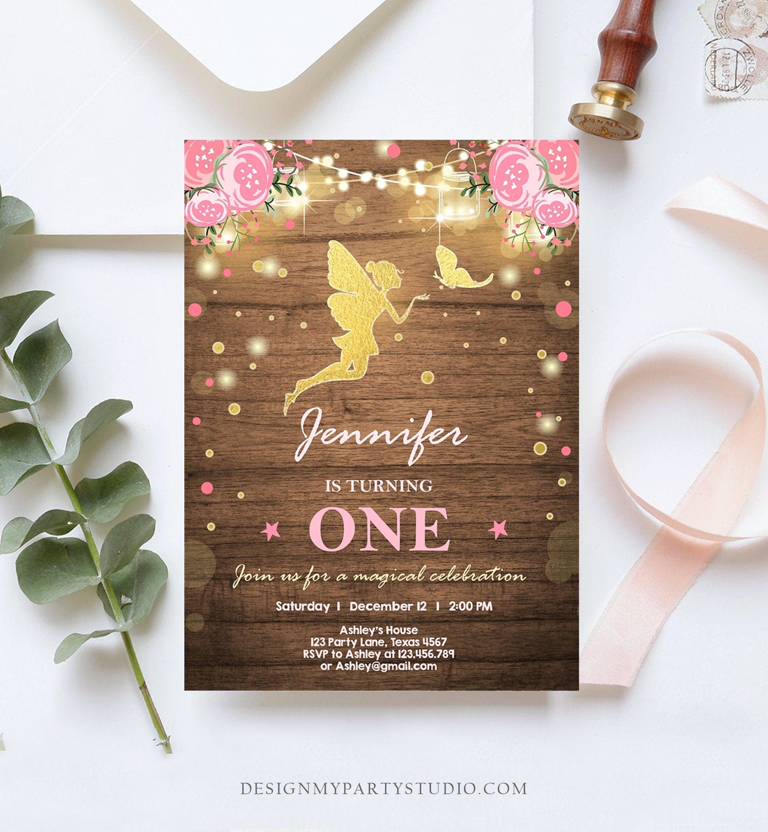 Editable Fairy Birthday invitation Magical Fairy Invite Fairy Party Girl Pink Gold Floral Download Printable Invitation Template Corjl 0208