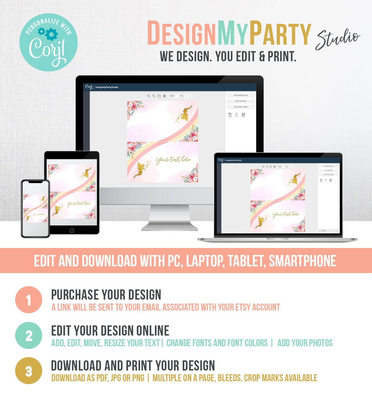 Editable Food Labels Rainbow Fairy Birthday Place Card Fairy Tent Card Escort Card Magical Birthday Girl Pink Gold Floral emplate Corjl 0208