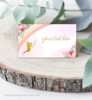 Editable Food Labels Rainbow Fairy Birthday Place Card Fairy Tent Card Escort Card Magical Birthday Girl Pink Gold Floral emplate Corjl 0208