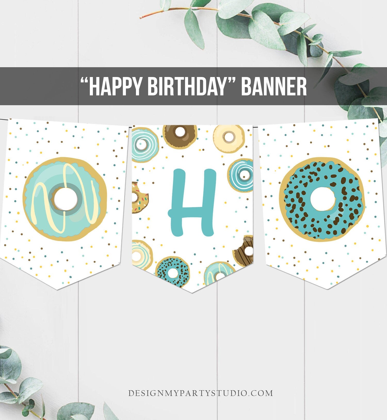 Happy Birthday Banner Donut Birthday Banner Boy Blue Donut Party Birthday Doughnut Decoration Instant Download PRINTABLE DIGITAL DIY 0050