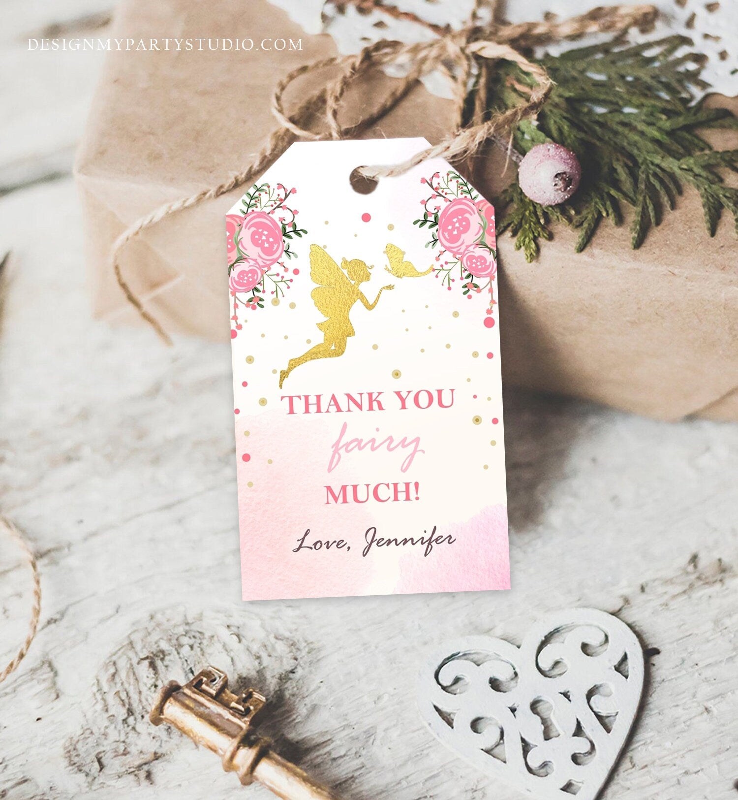 Editable Fairy Favor Tags Fairy Thank you Tags Magical Fairy Birthday Gift Tags Pink and Gold Floral Butterfly Template Corjl PRINTABLE 0208