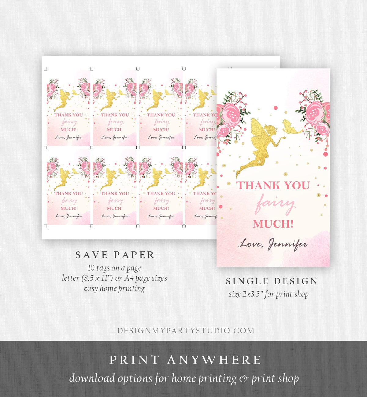 Editable Fairy Favor Tags Fairy Thank you Tags Magical Fairy Birthday Gift Tags Pink and Gold Floral Butterfly Template Corjl PRINTABLE 0208