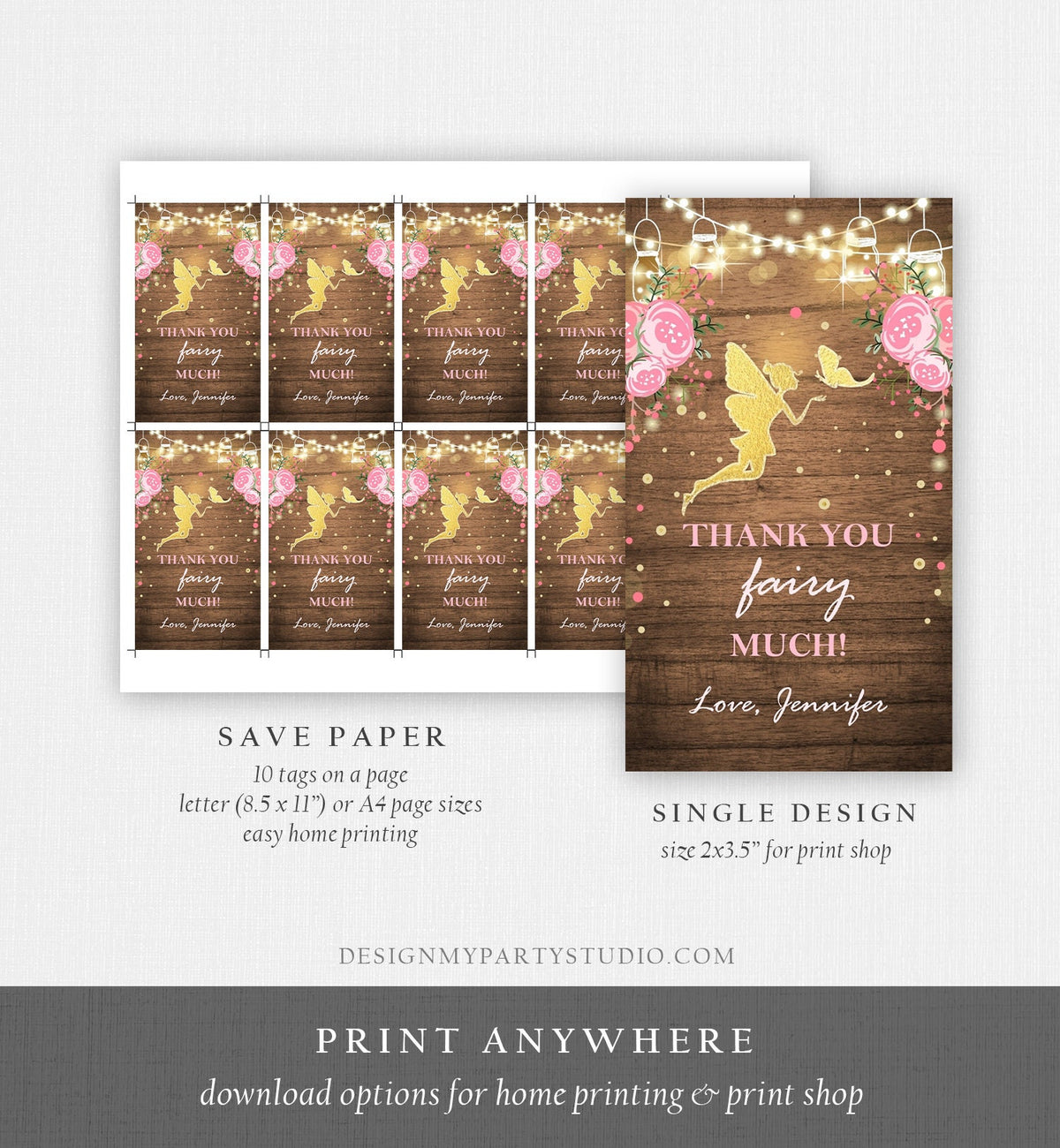 Editable Fairy Favor Tags Fairy Thank you Tags Magical Fairy Birthday Gift Tags Pink and Gold Floral Butterfly Template Corjl PRINTABLE 0208