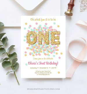 Editable Birthday Invitation ANY AGE Girl Birthday Invite Pink Mint Gold Confetti 1st Birthday 2nd First Download Printable Template Corjl