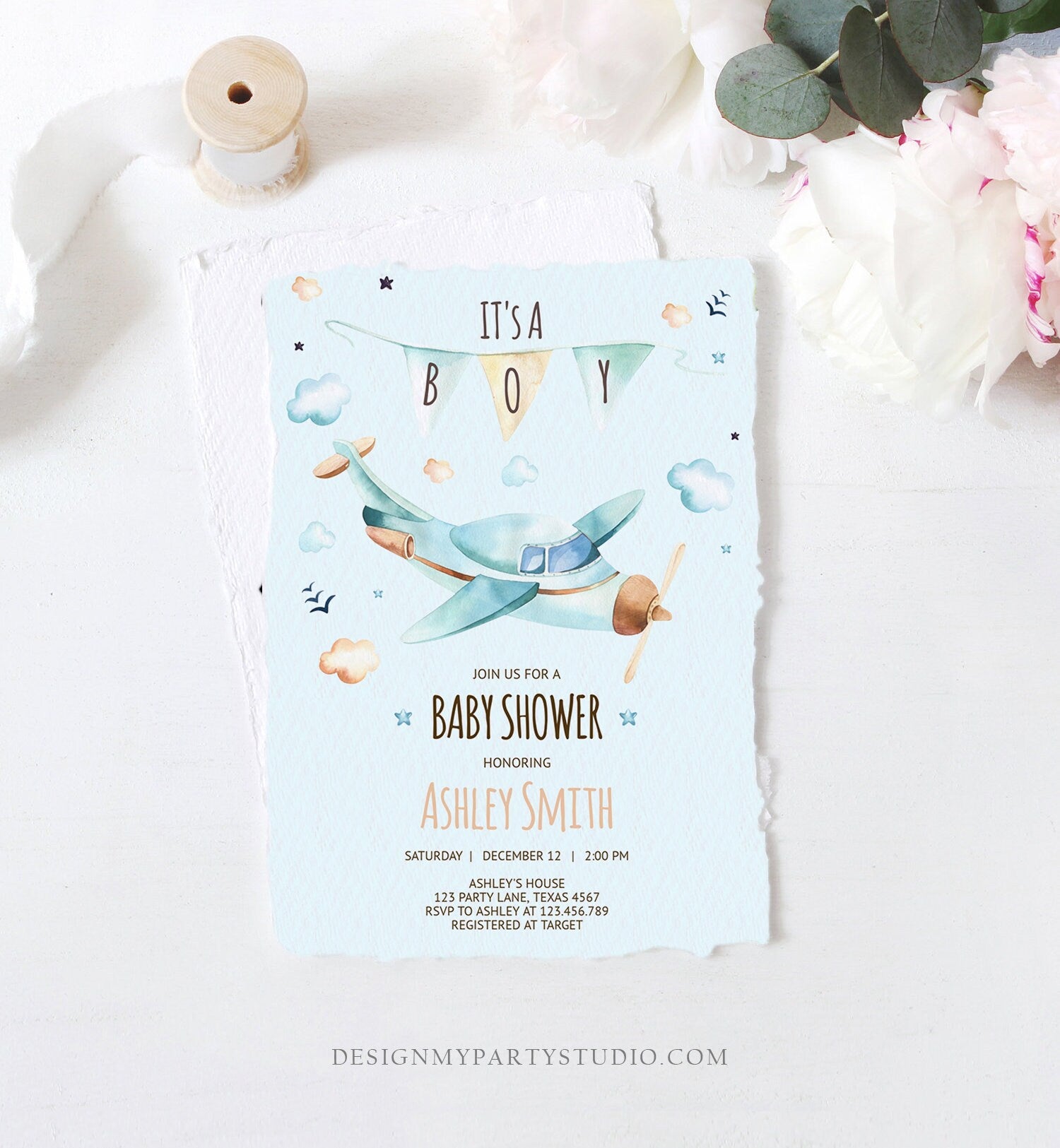 Editable Airplane Baby Shower Invitation Vintage Airplane Blue Adventure Boy Baby Shower Up Up and Away Template Digital Download Corjl 0185