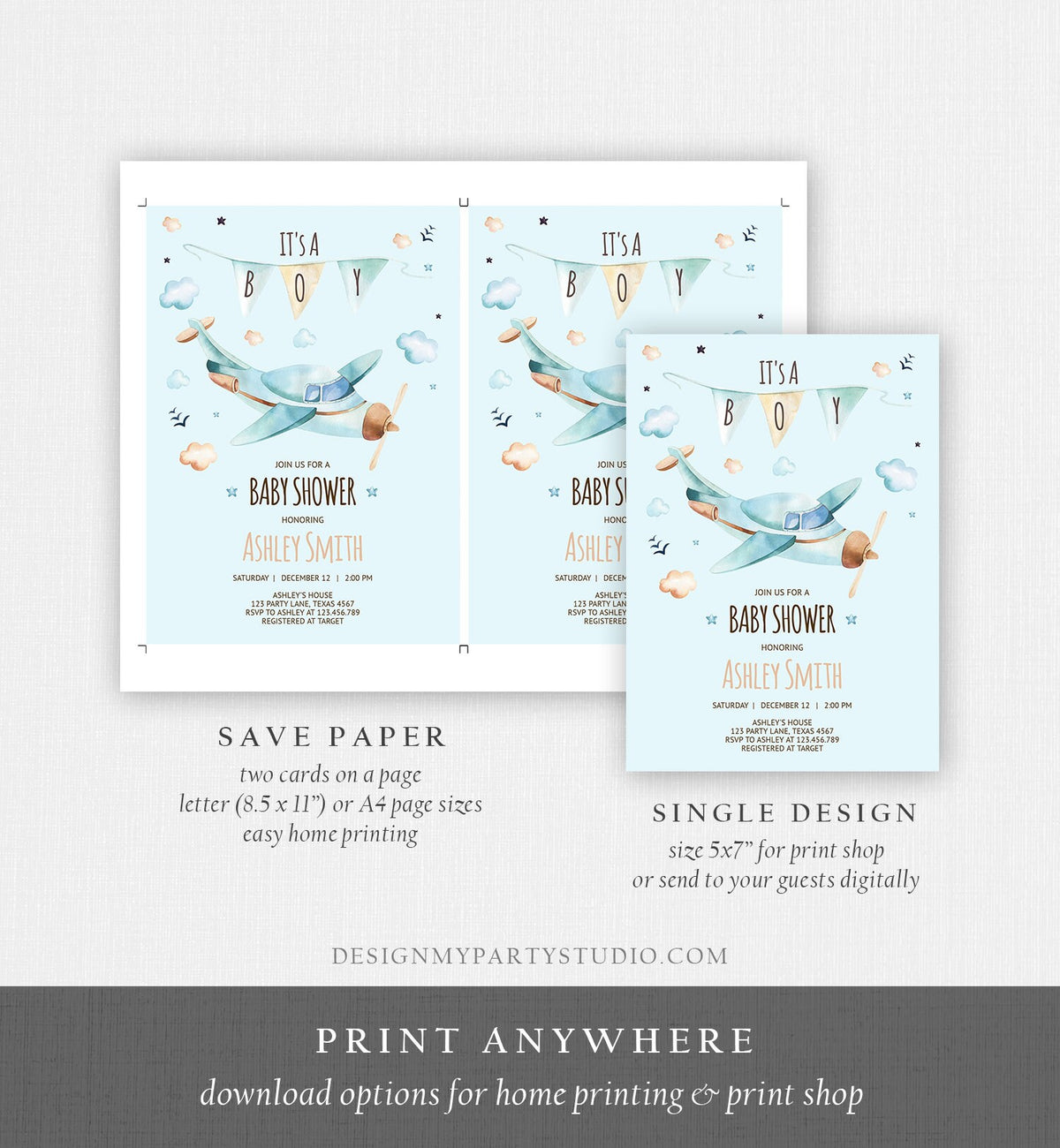 Editable Airplane Baby Shower Invitation Vintage Airplane Blue Adventure Boy Baby Shower Up Up and Away Template Digital Download Corjl 0185