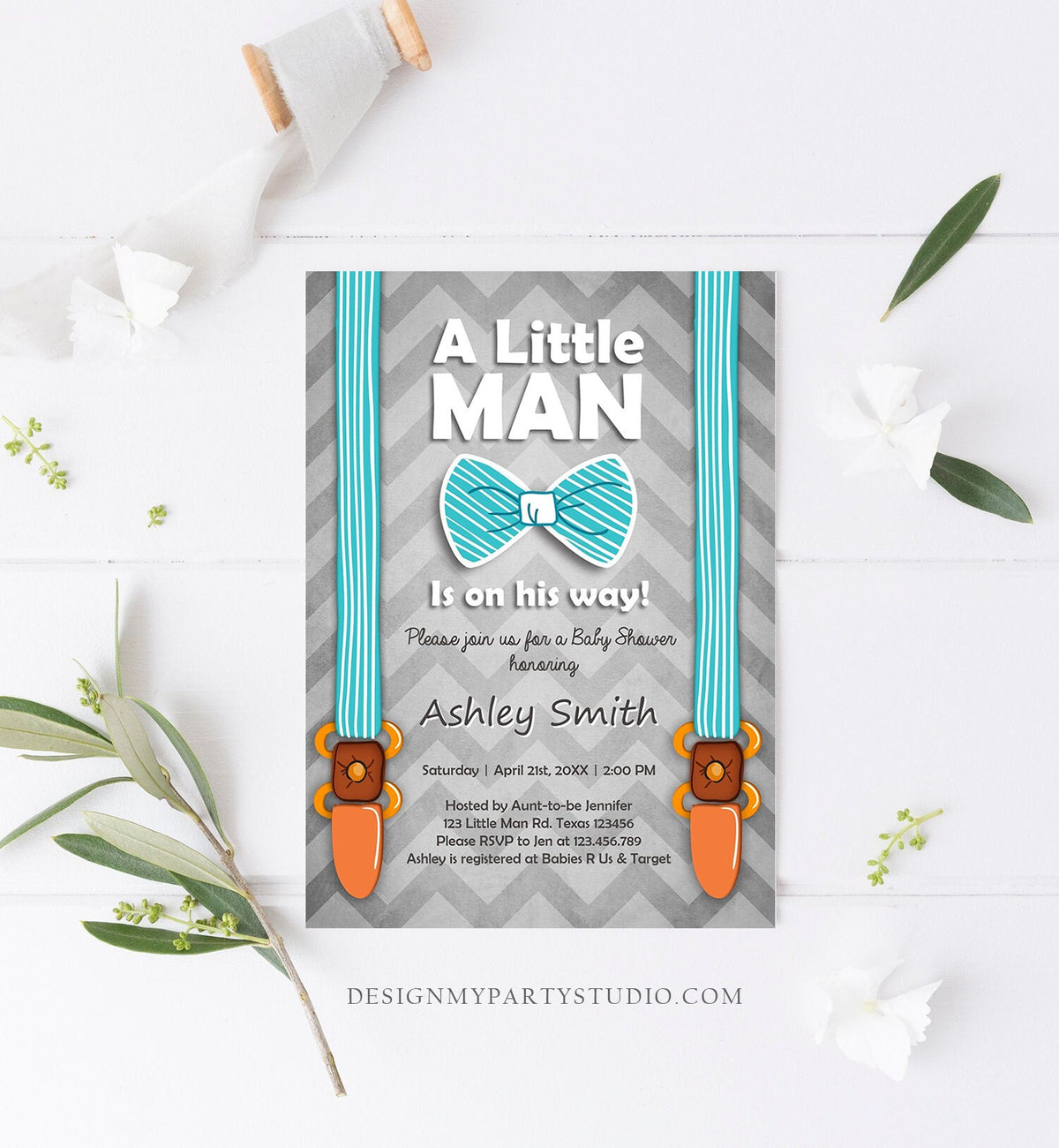 Editable Baby Shower Invitation Boy Little Man Baby Shower Bow Tie Blue Grey Modern Instant Download Printable Template Corjl Digital 0063