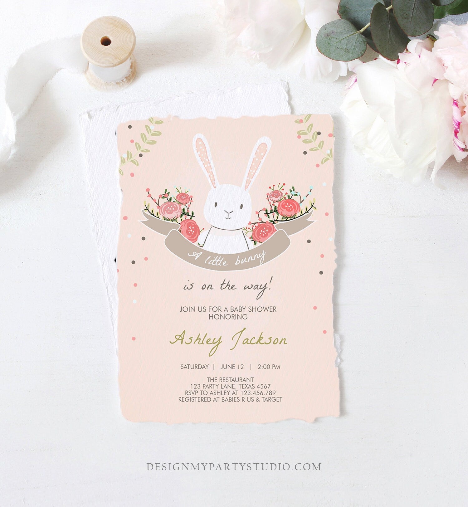 Editable Bunny Baby Shower Invitation Girl Little Bunny Baby Sprinkle Spring Floral Pink Download Printable Template Corjl Digital 0104
