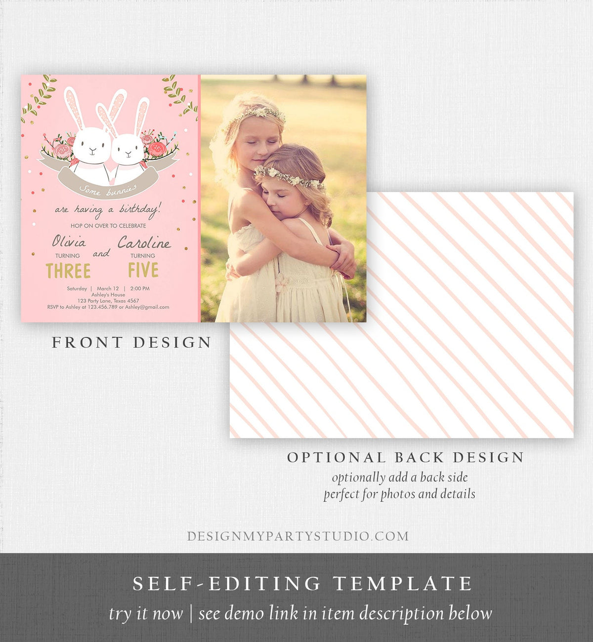 Editable Bunny Birthday Invitation Twins Birthday Pink Gold Twin Birthday Sisters Bunnies Printable Template Download Corjl Digital 0104