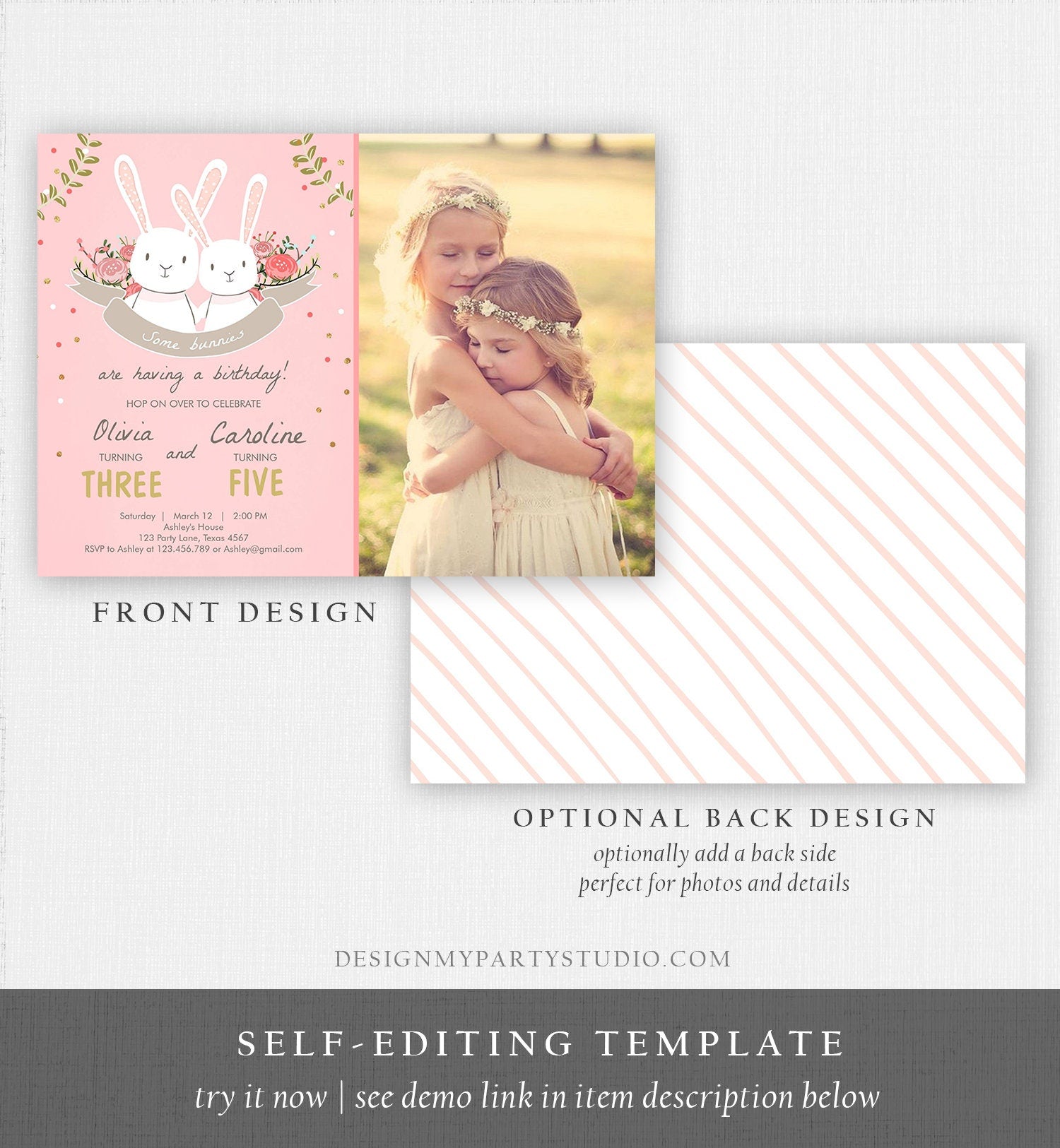 Editable Bunny Birthday Invitation Twins Birthday Pink Gold Twin Birthday Sisters Bunnies Printable Template Download Corjl Digital 0104