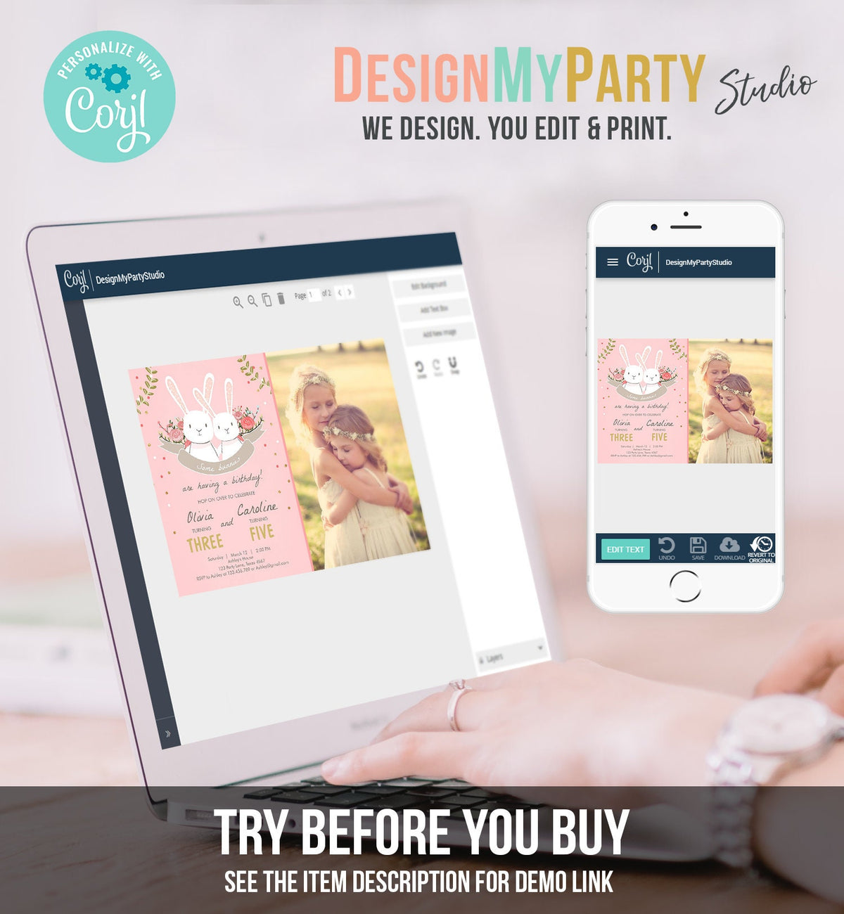 Editable Bunny Birthday Invitation Twins Birthday Pink Gold Twin Birthday Sisters Bunnies Printable Template Download Corjl Digital 0104