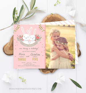 Editable Bunny Birthday Invitation Twins Birthday Pink Gold Twin Birthday Sisters Bunnies Printable Template Download Corjl Digital 0104
