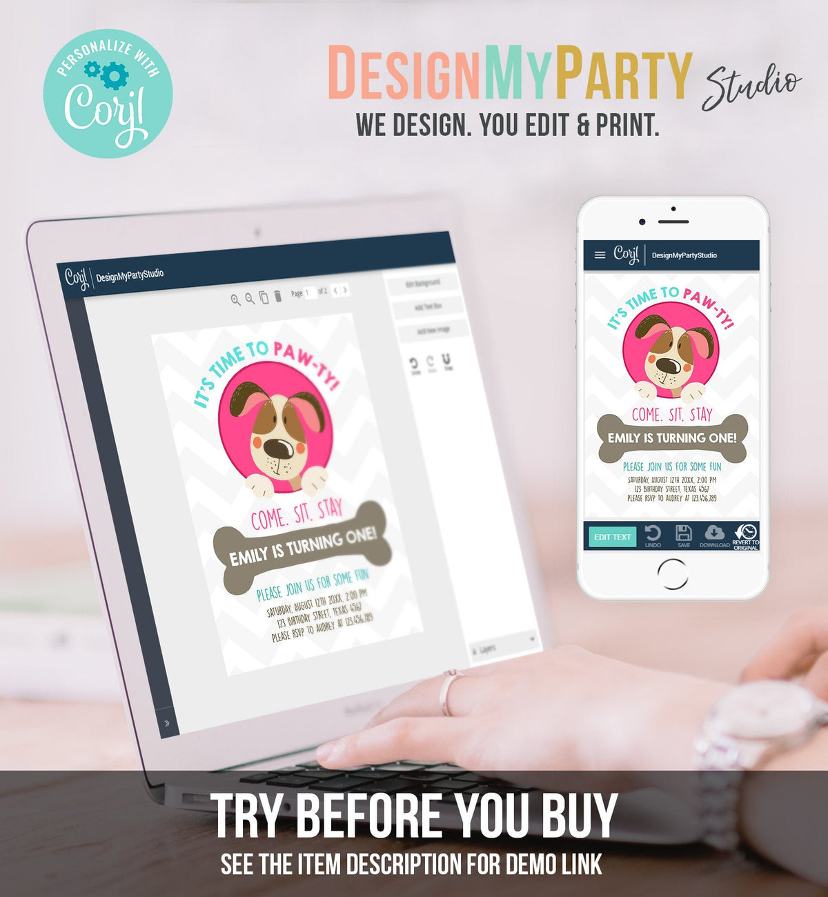 Editable Dog Invitation Dog Party Puppy Party Invite Dog Birthday paw-ty Invite Pink Girl Dog Theme Download Printable Template Corjl 0048