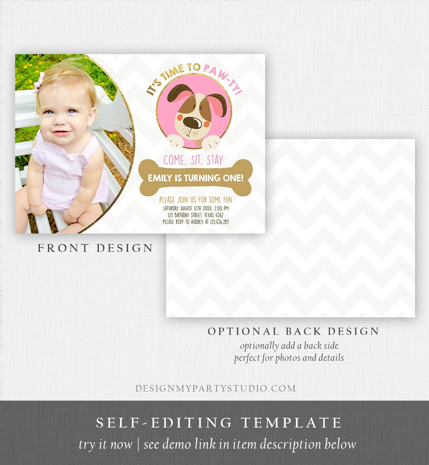 Editable Dog Invitation Dog Party Puppy Party Invite Dog Birthday paw-ty Invite Pink Girl Dog Theme Download Printable Template Corjl 0048