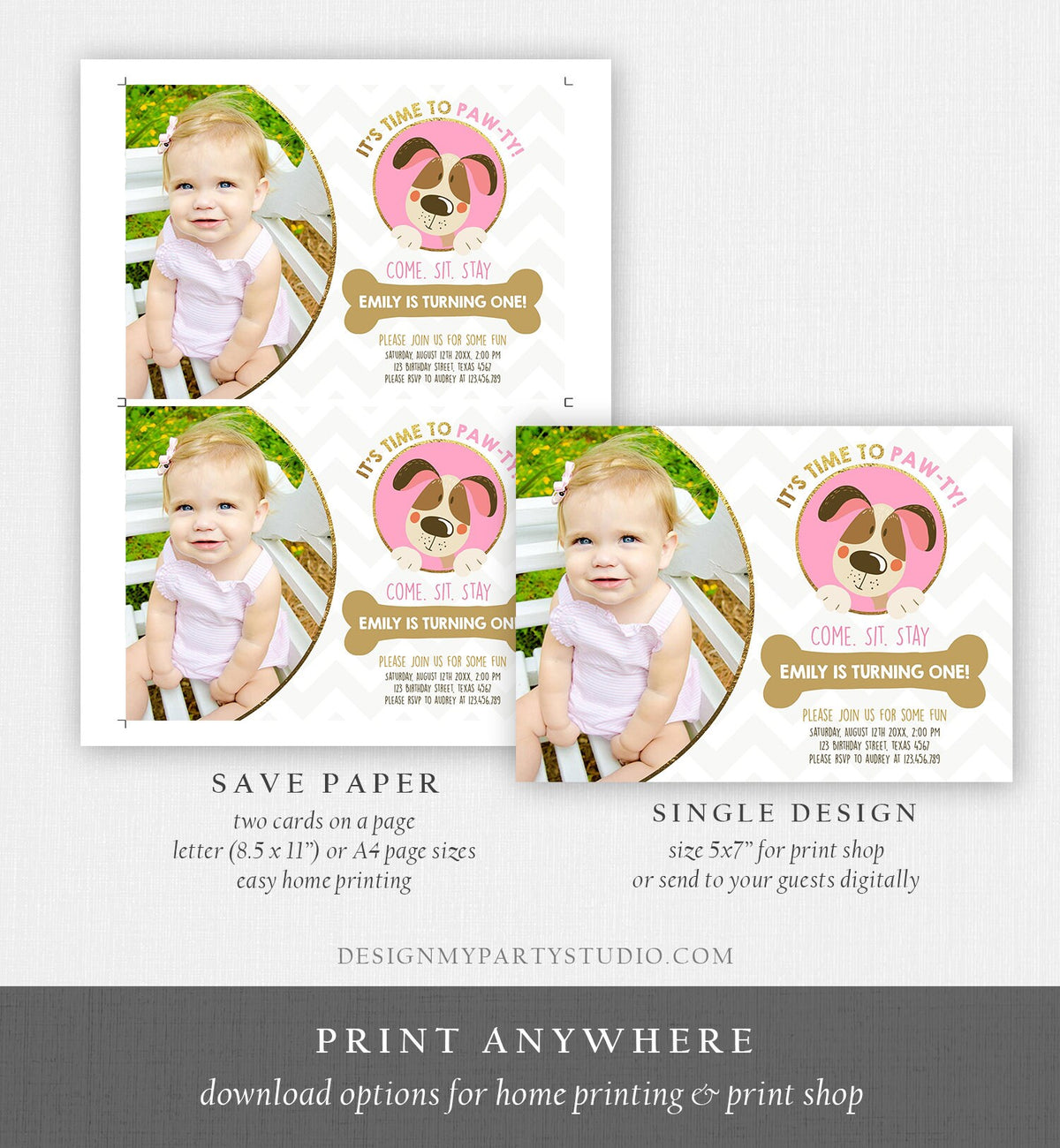 Editable Dog Invitation Dog Party Puppy Party Invite Dog Birthday paw-ty Invite Pink Girl Dog Theme Download Printable Template Corjl 0048