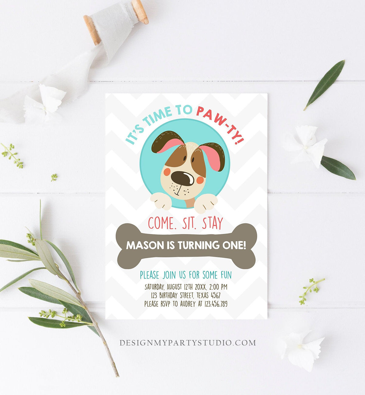 Editable Dog Invitation Dog Party Puppy Party Invite Dog Birthday paw-ty Invite Blue Boy Dog Theme Download Printable Template Corjl 0048