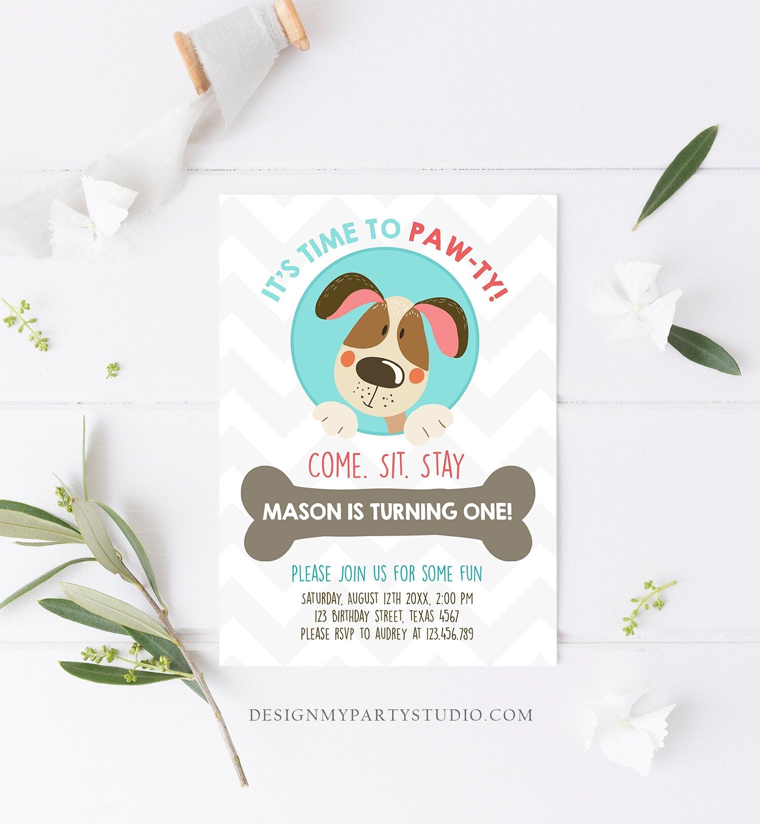Editable Dog Invitation Dog Party Puppy Party Invite Dog Birthday paw-ty Invite Blue Boy Dog Theme Download Printable Template Corjl 0048