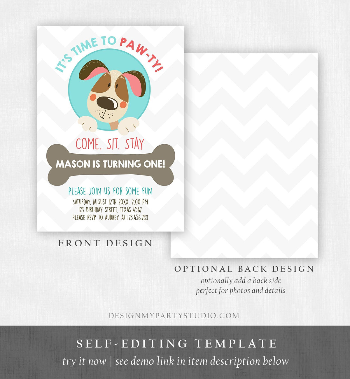 Editable Dog Invitation Dog Party Puppy Party Invite Dog Birthday paw-ty Invite Blue Boy Dog Theme Download Printable Template Corjl 0048