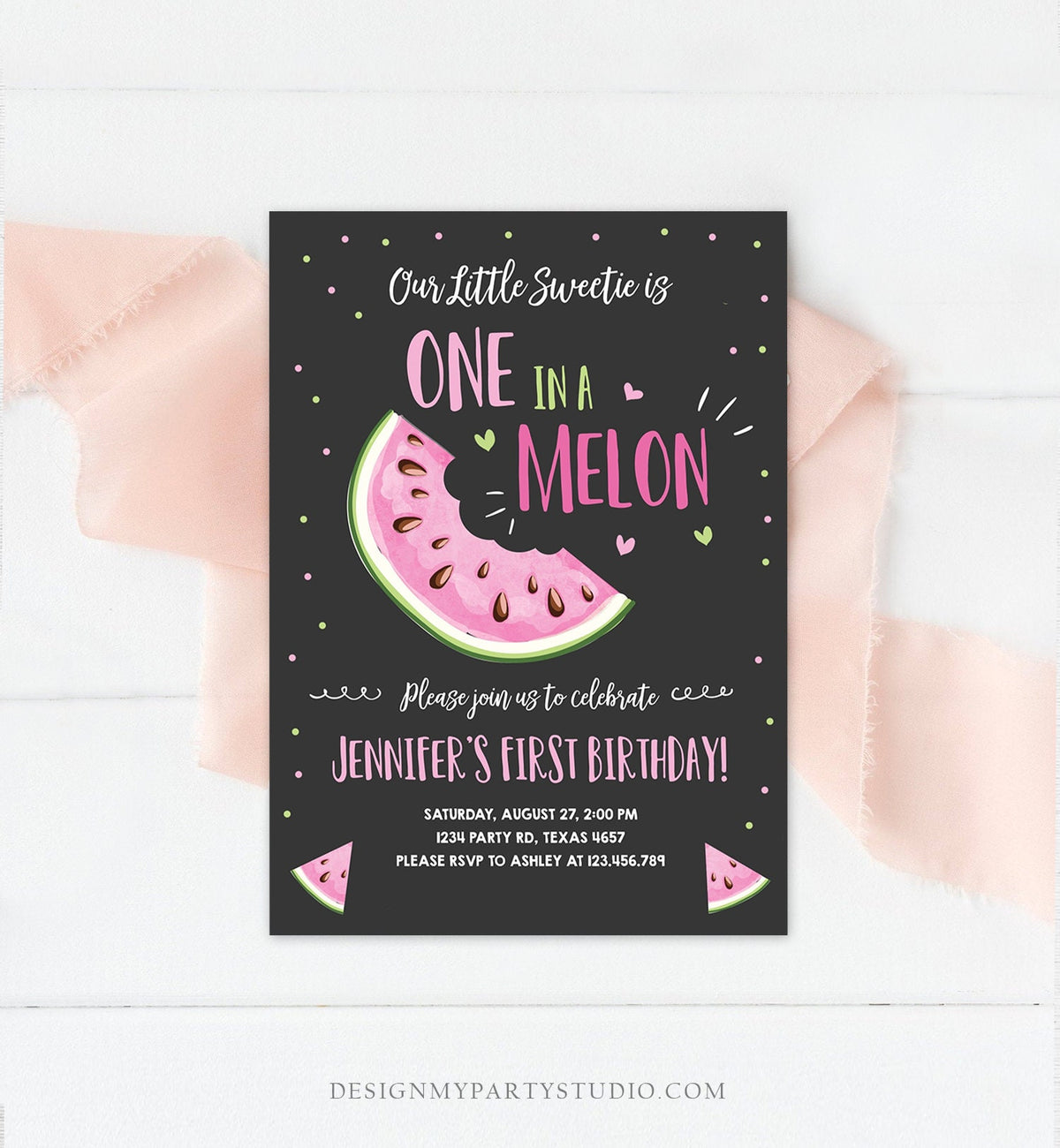 Editable Watermelon Birthday Invitation Girl Pink Red One in a Melon Party Summer Fruit First Birthday 1st Corjl Template Printable 0326