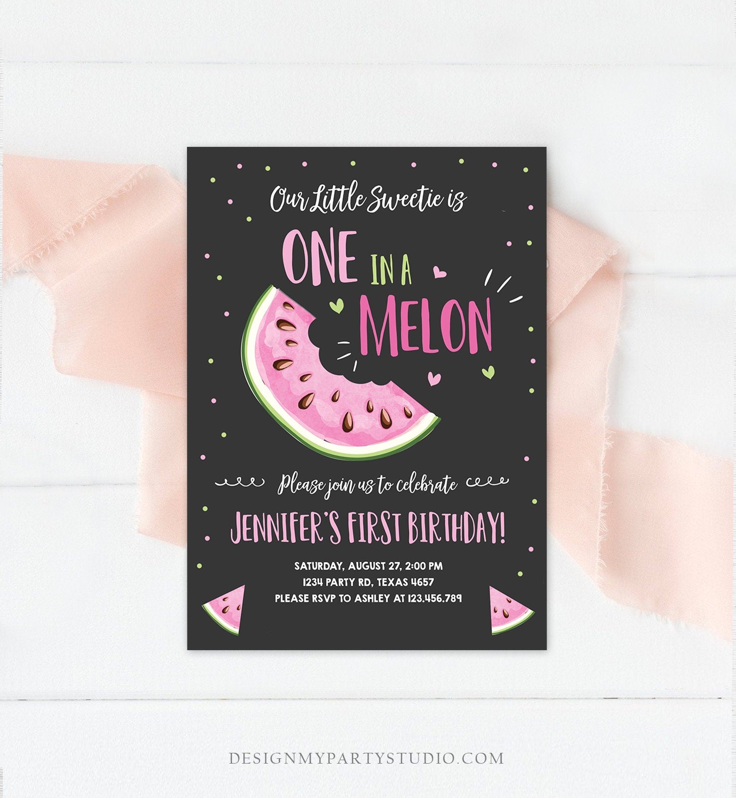 Editable Watermelon Birthday Invitation Girl Pink Red One in a Melon Party Summer Fruit First Birthday 1st Corjl Template Printable 0326