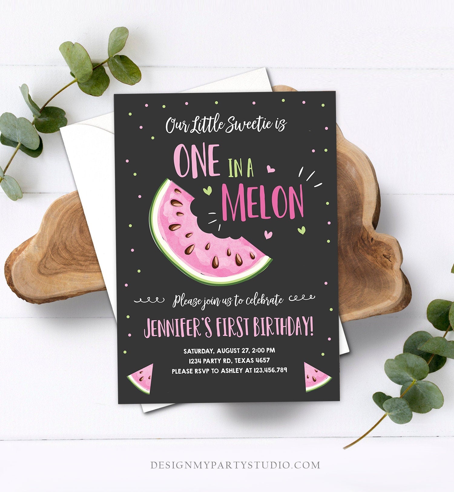 Editable Watermelon Birthday Invitation Girl Pink Red One in a Melon Party Summer Fruit First Birthday 1st Corjl Template Printable 0326