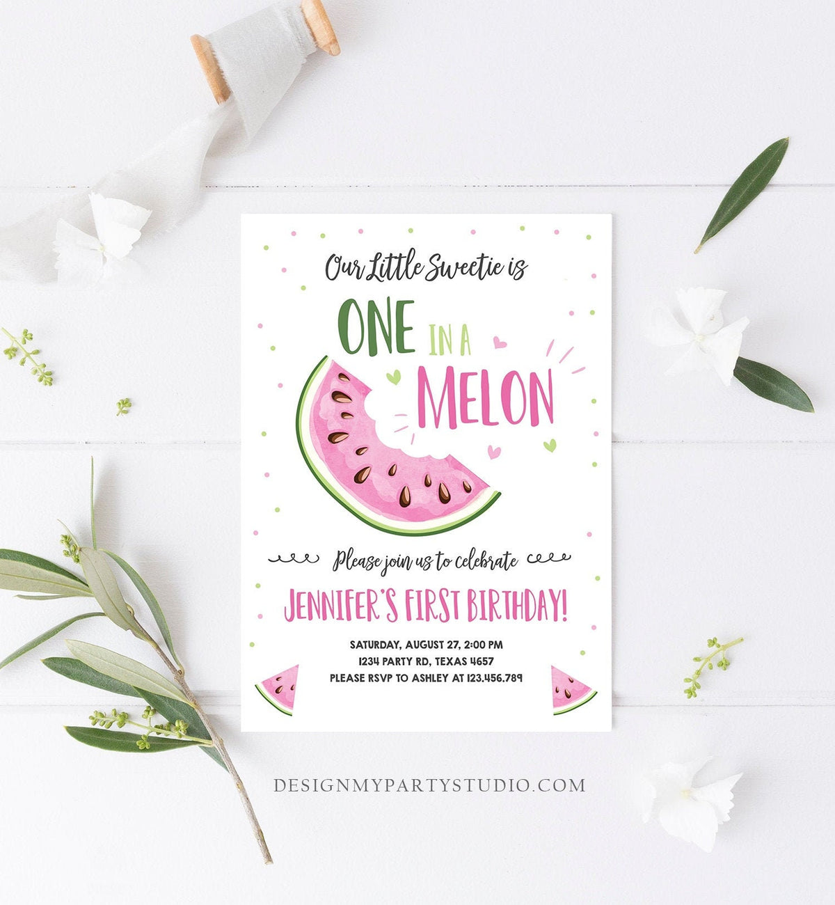 Editable Watermelon Birthday Invitation Girl Pink Red One in a Melon Party Summer Fruit First Birthday 1st Corjl Template Printable 0326