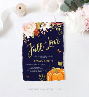 Editable Fall in Love Bridal Shower Invitation Pumpkin Autumn Floral Flowers Pink Gold Rustic Party Engagement Navy Blue Corjl Template 0176