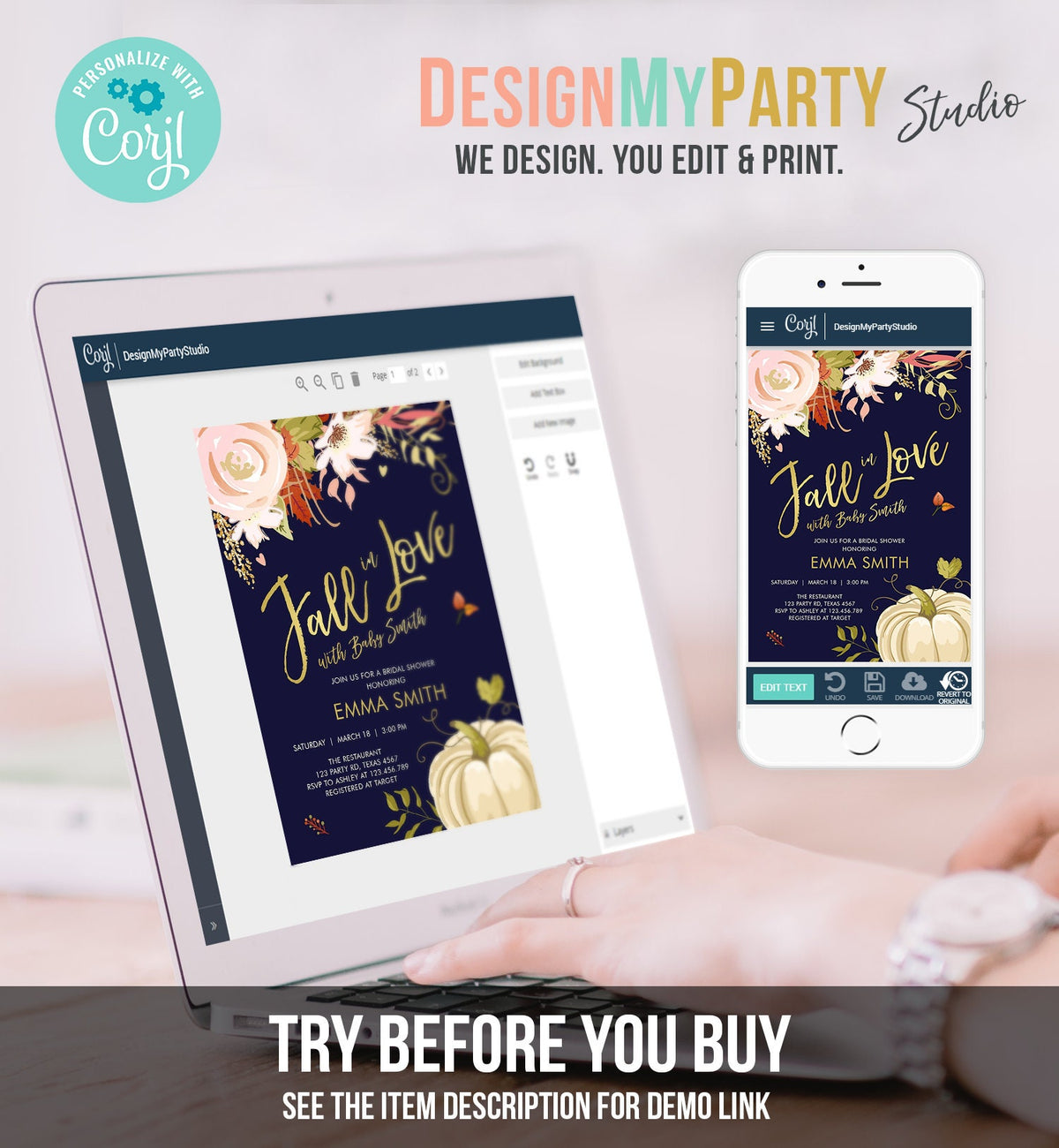 Editable Fall in Love Baby Shower Invitation Pumpkin Autumn Floral Flowers Pink Gold Rustic Party Sprinkle Coed Navy Corjl Template 0176