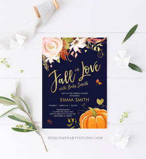 Editable Fall in Love Baby Shower Invitation Pumpkin Autumn Floral Flowers Pink Gold Rustic Party Sprinkle Coed Navy Corjl Template 0176