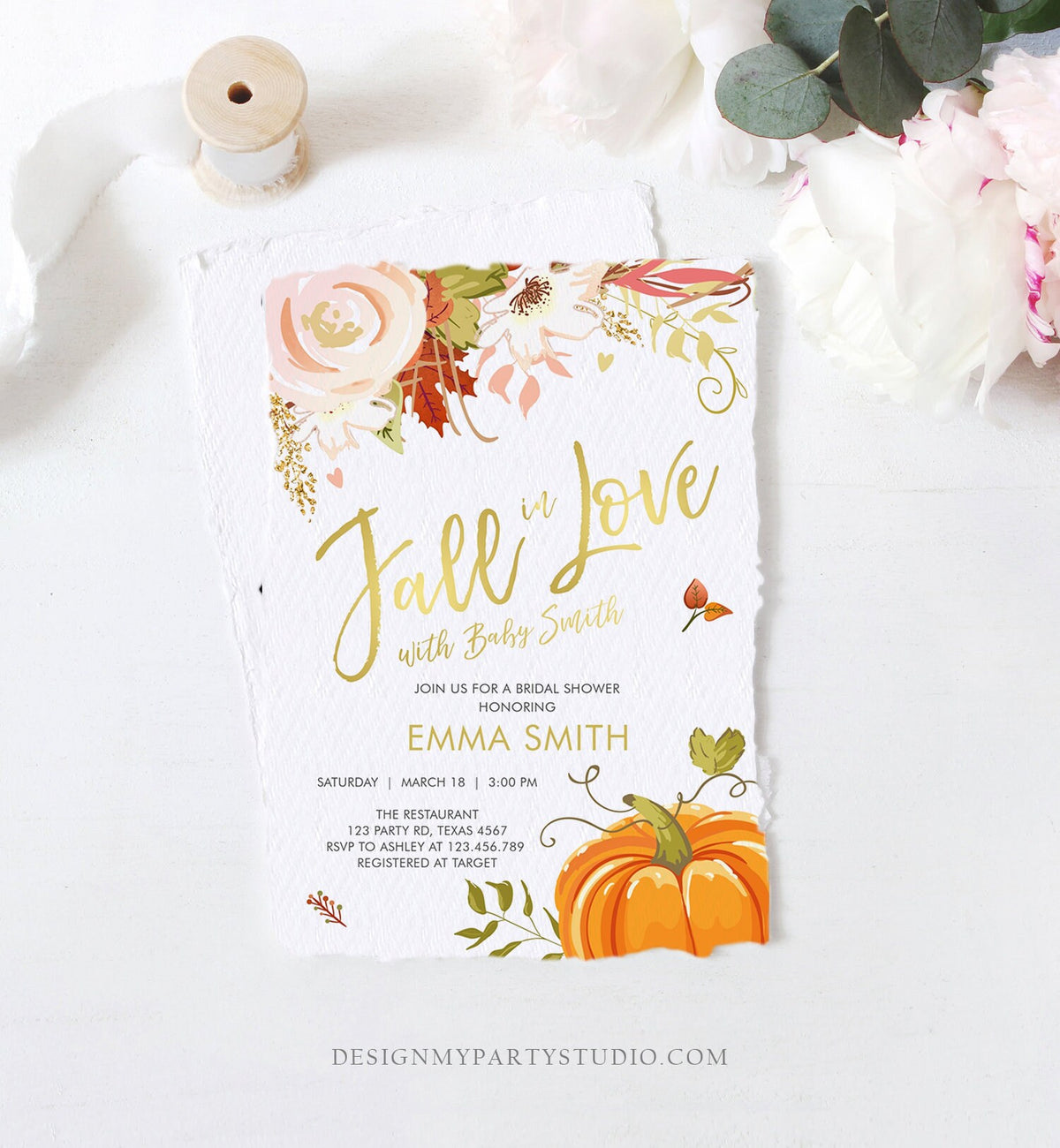 Editable Fall in Love Baby Shower Invitation Pumpkin Autumn Floral Flowers Pink Gold Rustic Party Sprinkle Coed Navy Corjl Template 0176