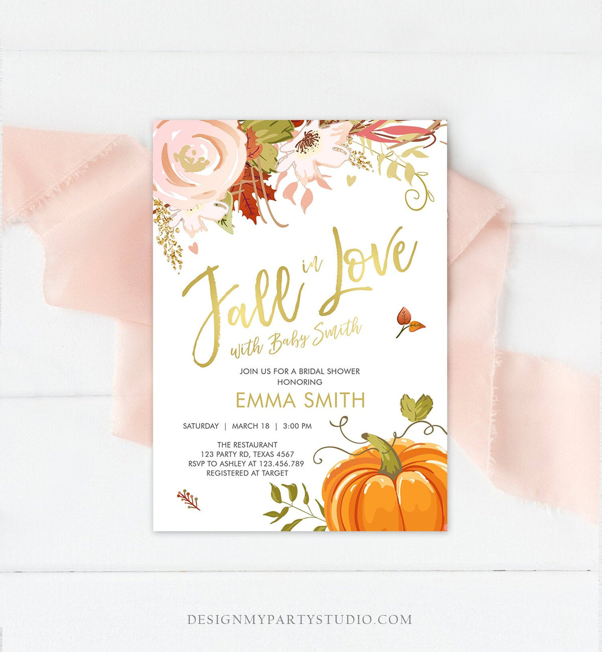 Editable Fall in Love Baby Shower Invitation Pumpkin Autumn Floral Flowers Pink Gold Rustic Party Sprinkle Coed Navy Corjl Template 0176