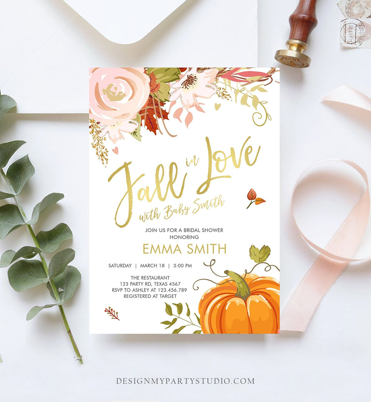 Editable Fall in Love Baby Shower Invitation Pumpkin Autumn Floral Flowers Pink Gold Rustic Party Sprinkle Coed Navy Corjl Template 0176