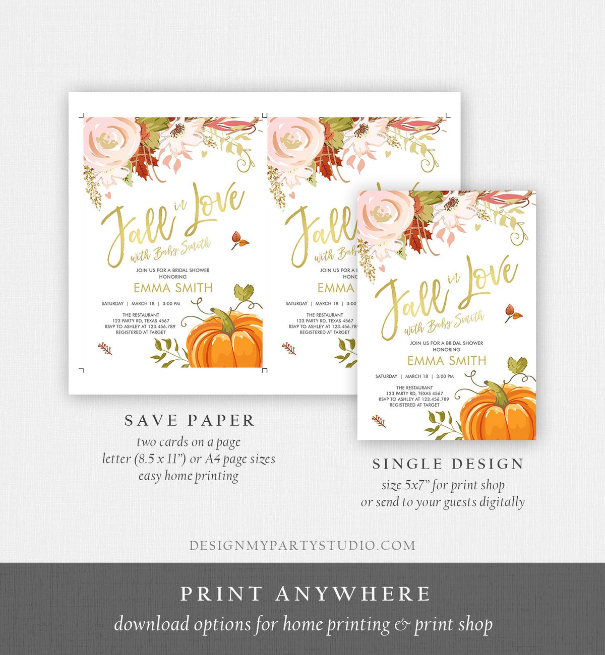 Editable Fall in Love Baby Shower Invitation Pumpkin Autumn Floral Flowers Pink Gold Rustic Party Sprinkle Coed Navy Corjl Template 0176