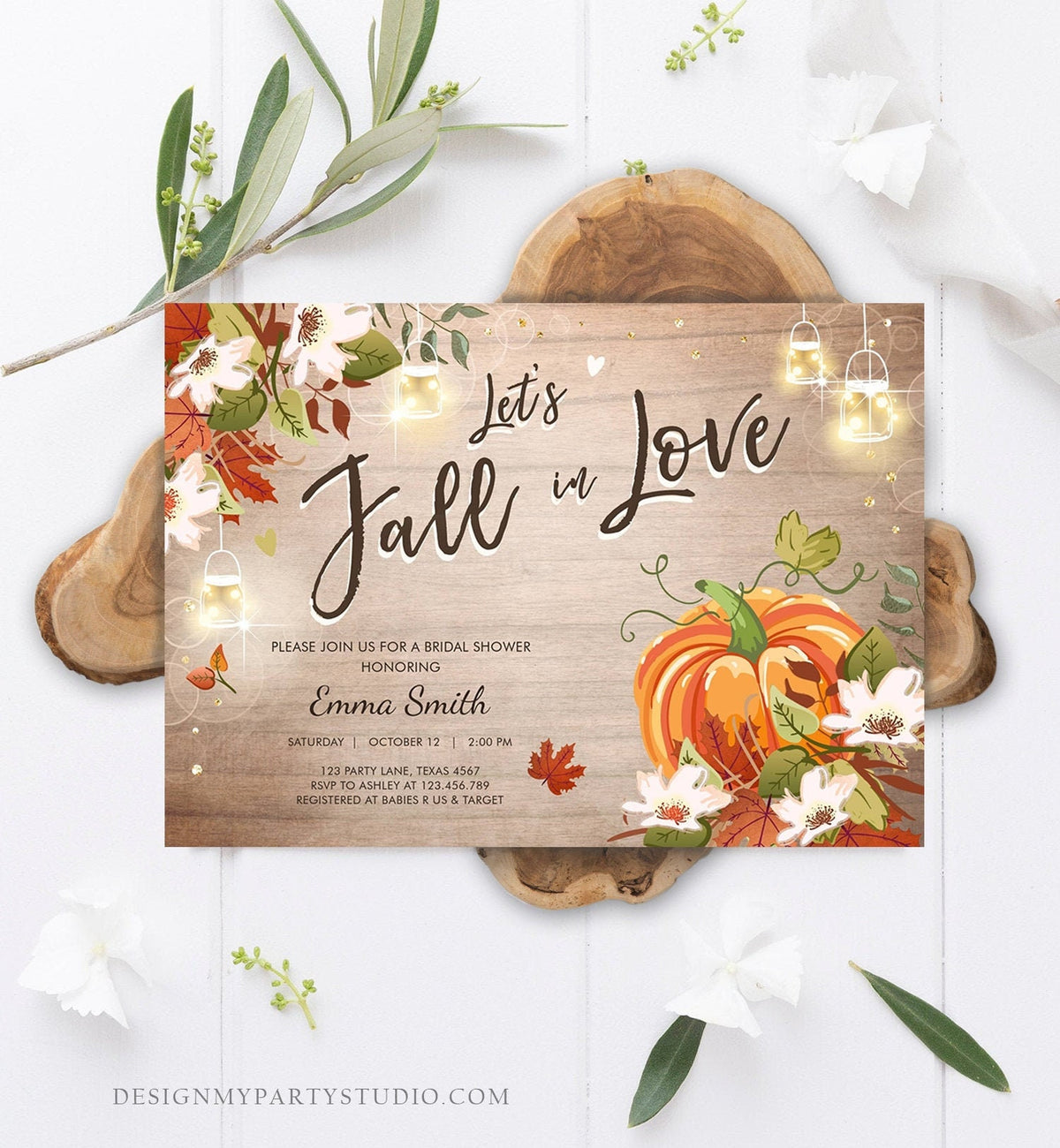 Editable Fall in Love Bridal Shower Invitation Pumpkin Autumn Floral Flowers String Lights Rustic Wood Engagement Corjl Template 0176