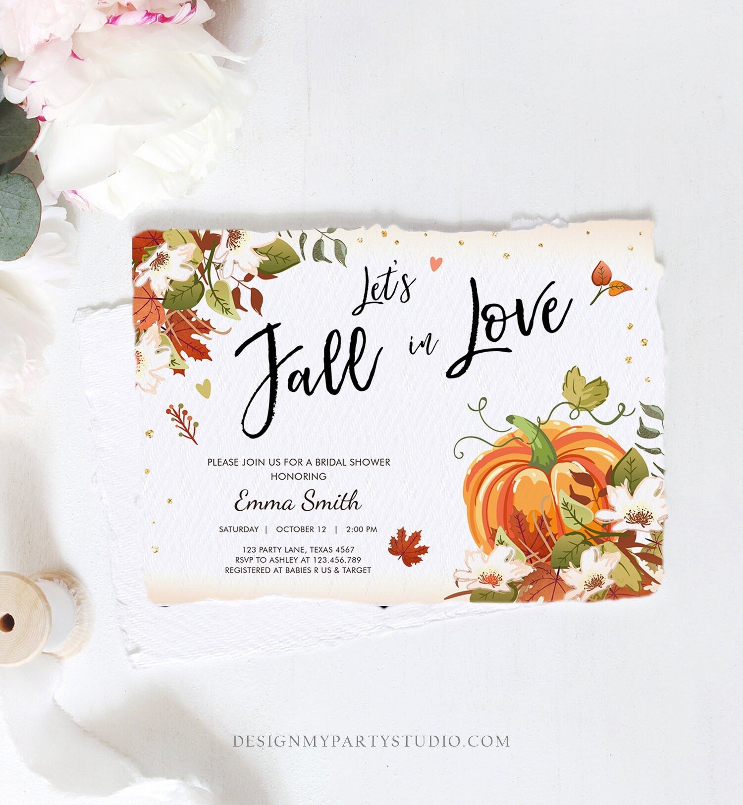 Editable Fall in Love Bridal Shower Invitation Pumpkin Autumn Floral Flowers String Lights Rustic Wood Engagement Corjl Template 0176