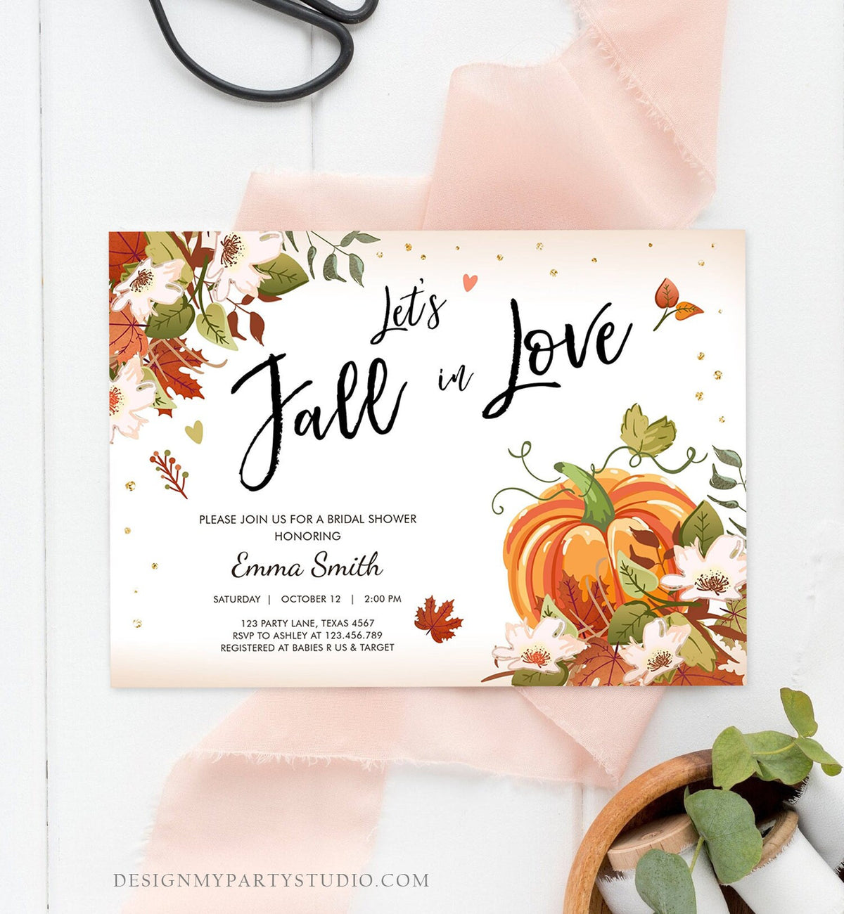 Editable Fall in Love Bridal Shower Invitation Pumpkin Autumn Floral Flowers String Lights Rustic Wood Engagement Corjl Template 0176