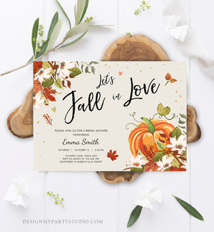 Editable Fall in Love Bridal Shower Invitation Pumpkin Autumn Floral Flowers String Lights Rustic Wood Engagement Corjl Template 0176
