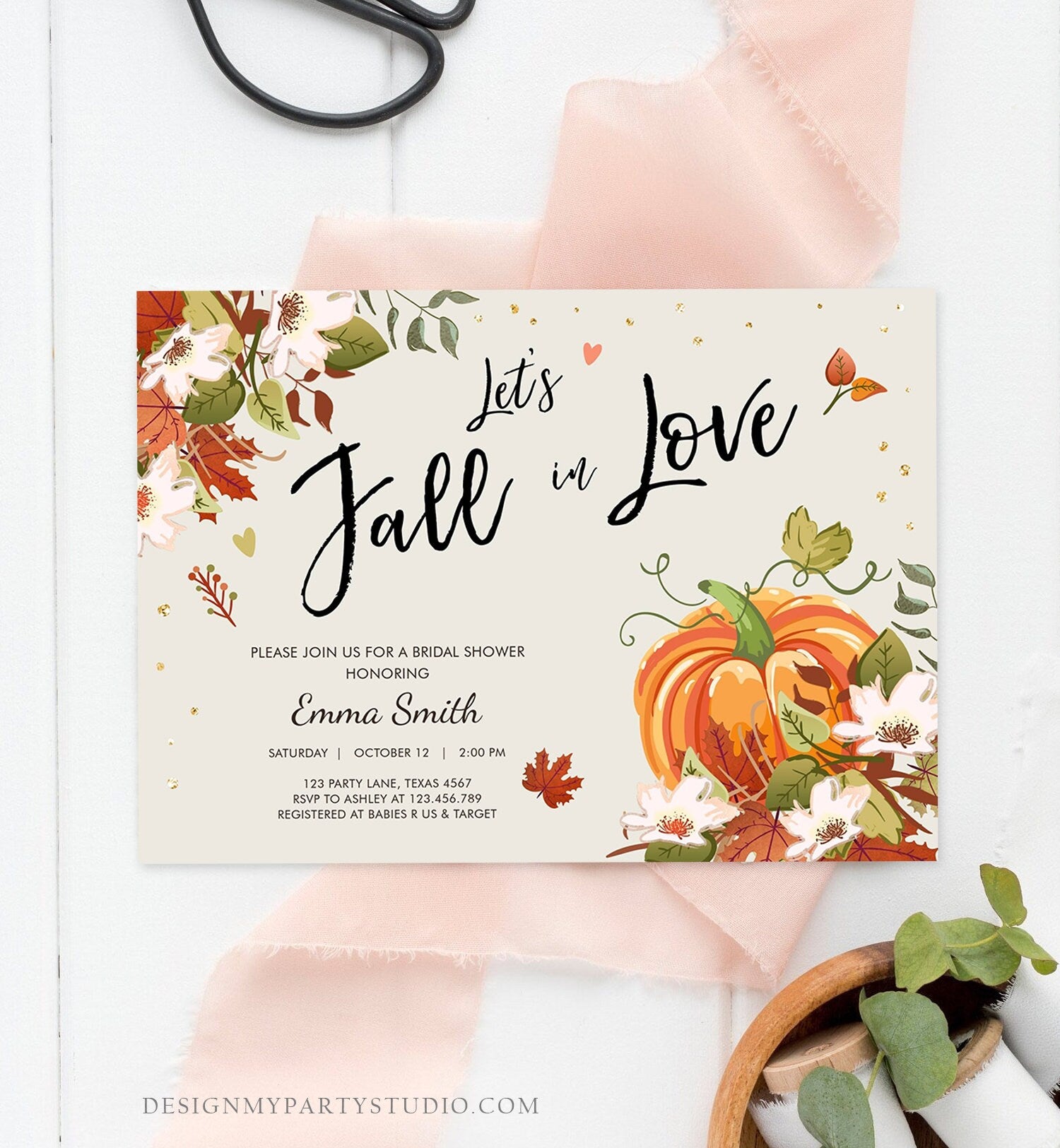 Editable Fall in Love Bridal Shower Invitation Pumpkin Autumn Floral Flowers String Lights Rustic Wood Engagement Corjl Template 0176