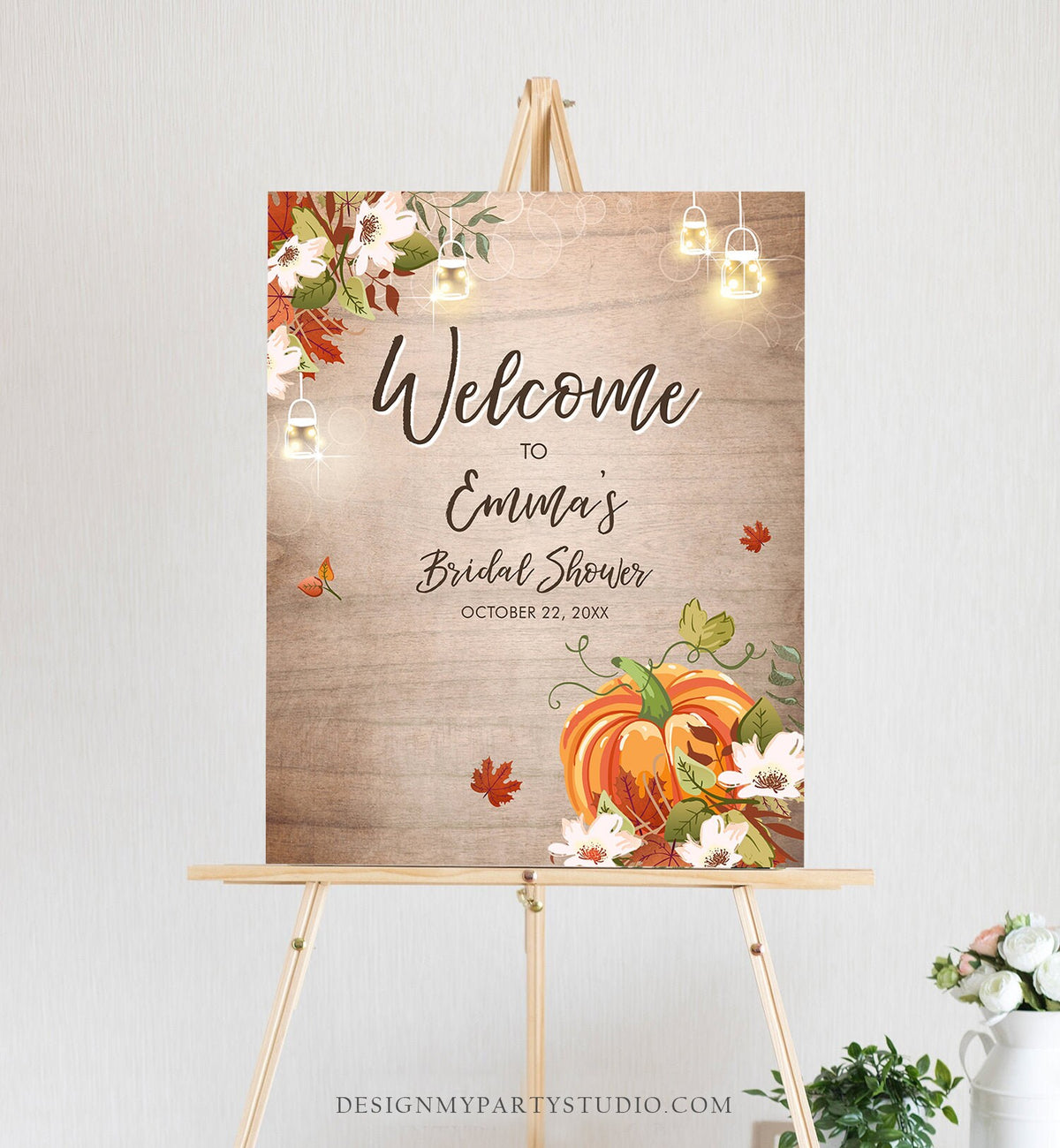 Editable Pumpkin Welcome Sign Fall in Love Autumn Bridal Shower Wedding Baby Shower Birthday Table Sign Rustic Floral Corjl Template 0176