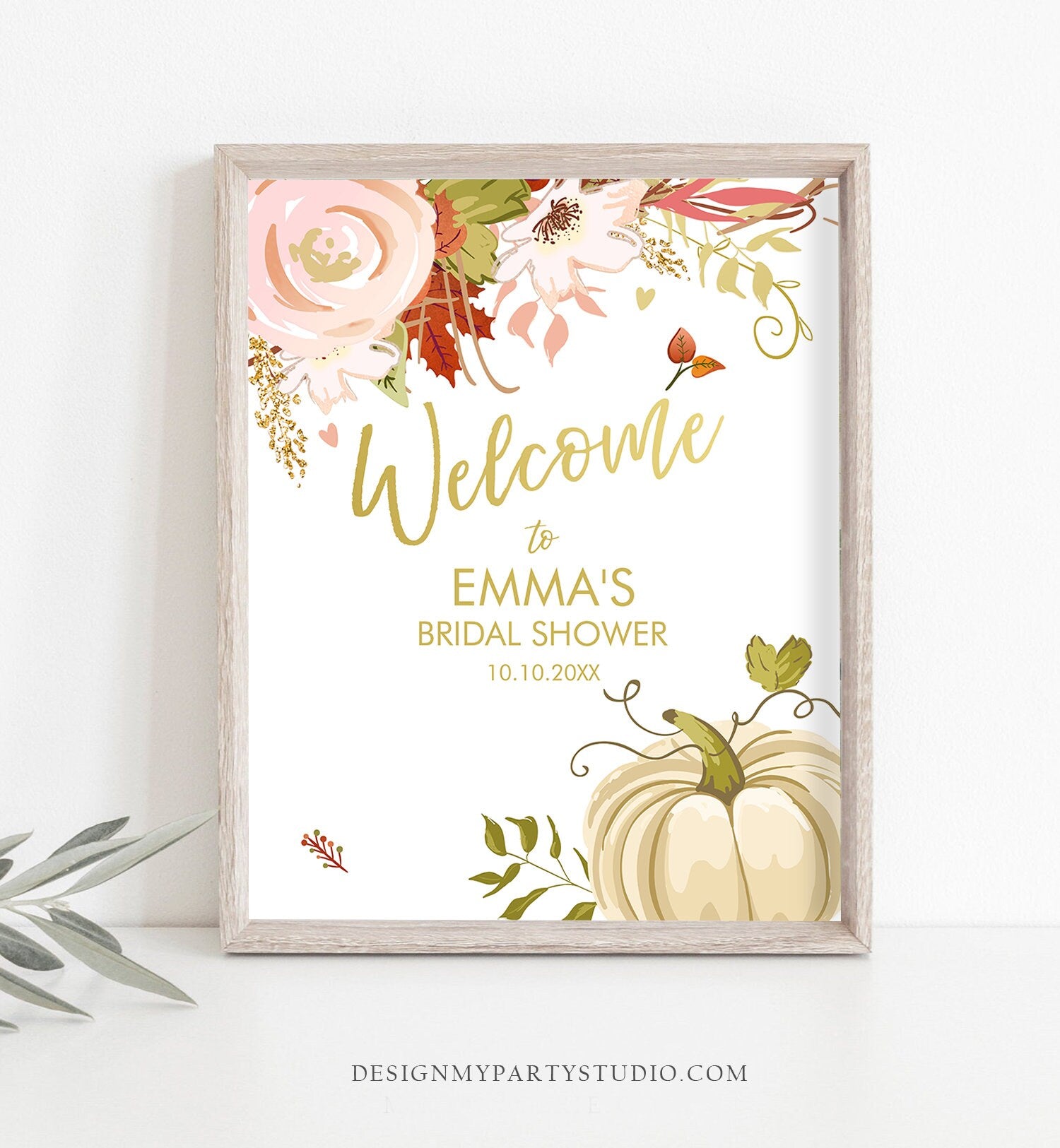 Editable Pumpkin Welcome Sign Fall in Love Autumn Bridal Shower Wedding Baby Shower Birthday Table Sign Rustic Floral Corjl Template 0176