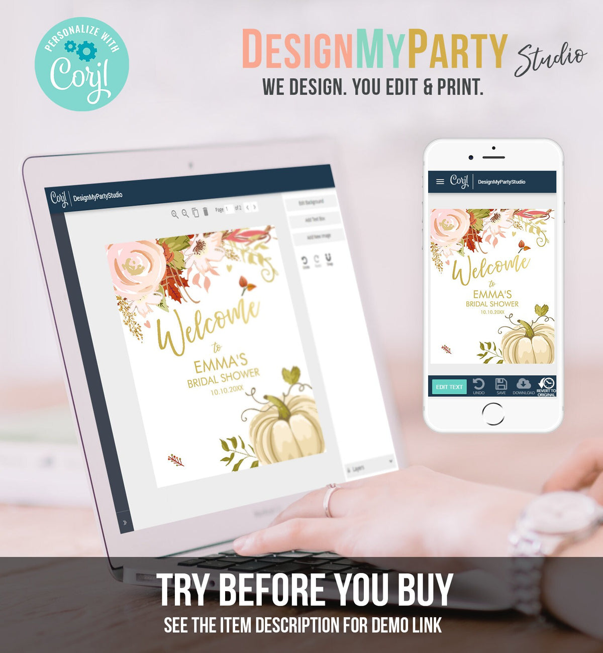 Editable Pumpkin Welcome Sign Fall in Love Autumn Bridal Shower Wedding Baby Shower Birthday Table Sign Rustic Floral Corjl Template 0176