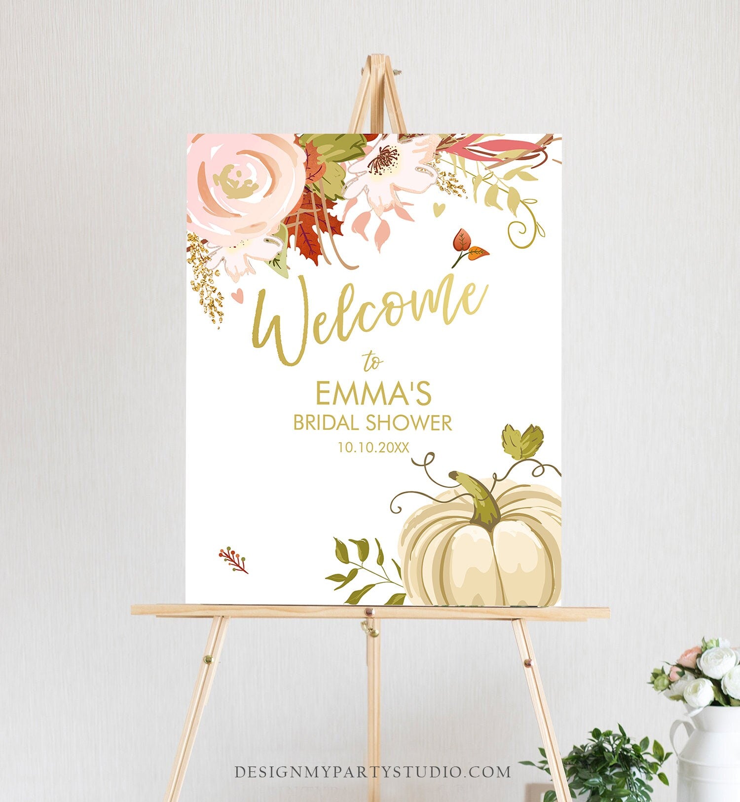 Editable Pumpkin Welcome Sign Fall in Love Autumn Bridal Shower Wedding Baby Shower Birthday Table Sign Rustic Floral Corjl Template 0176