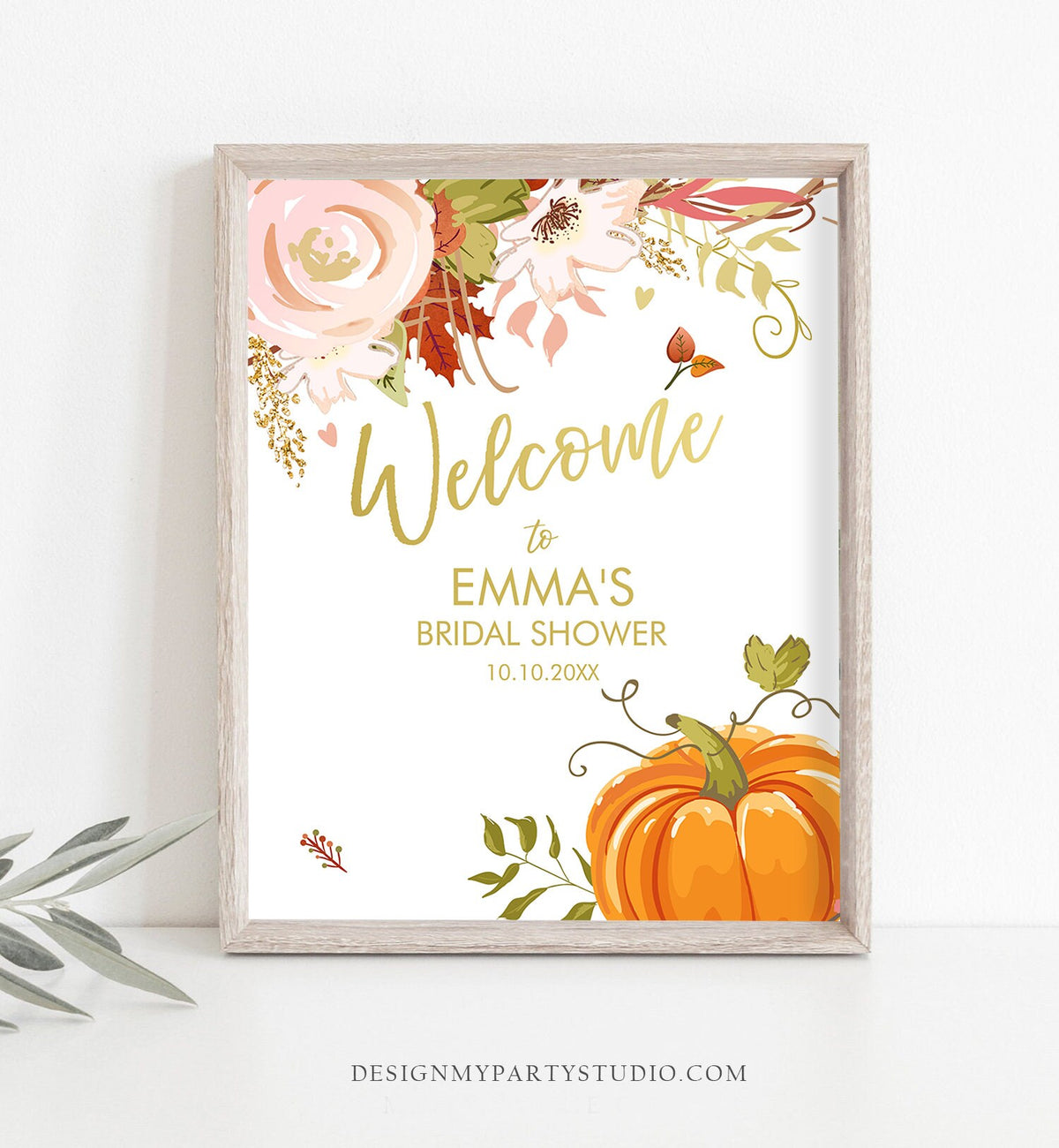 Editable Pumpkin Welcome Sign Fall in Love Autumn Bridal Shower Wedding Baby Shower Birthday Table Sign Rustic Floral Corjl Template 0176