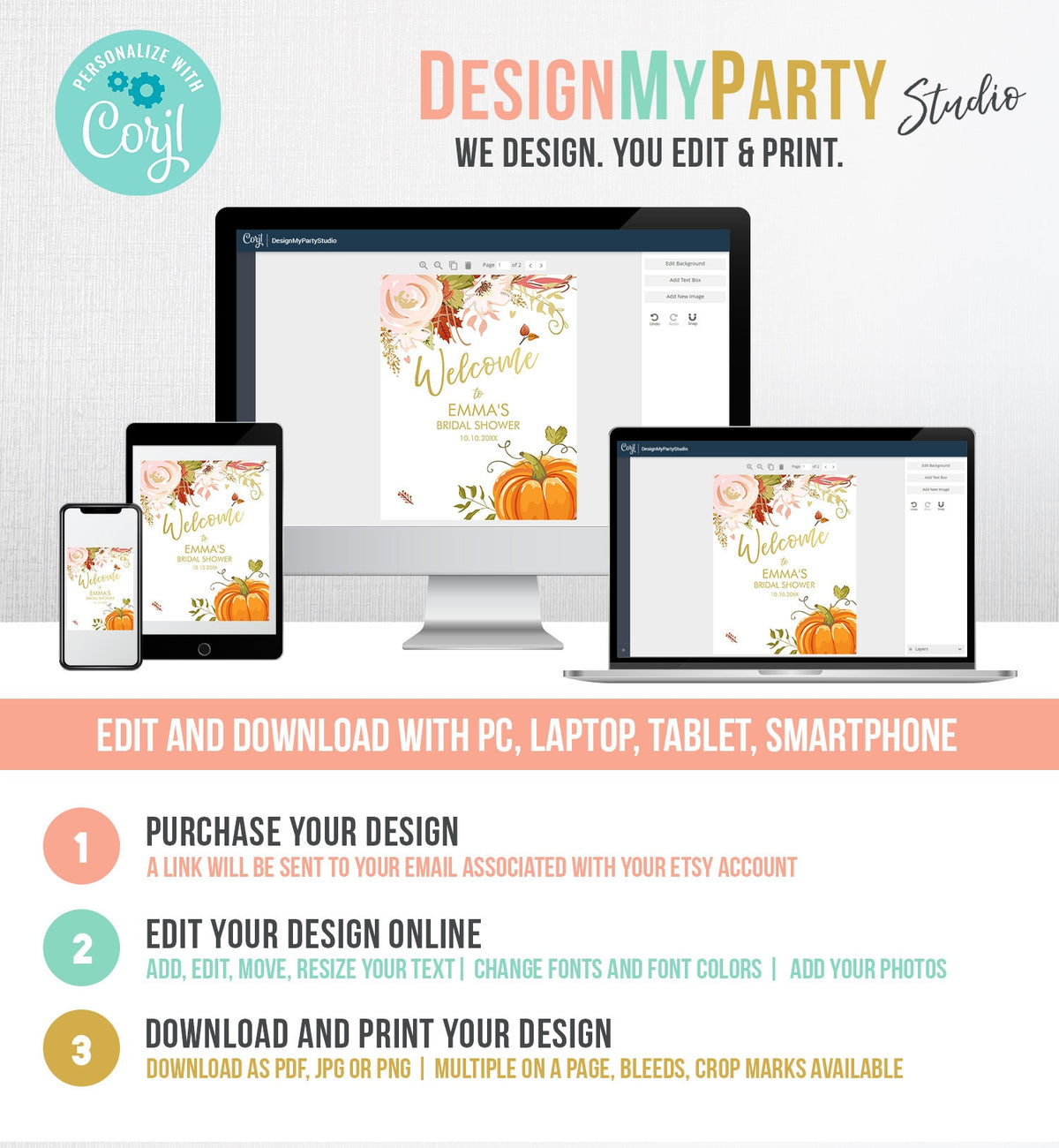 Editable Pumpkin Welcome Sign Fall in Love Autumn Bridal Shower Wedding Baby Shower Birthday Table Sign Rustic Floral Corjl Template 0176