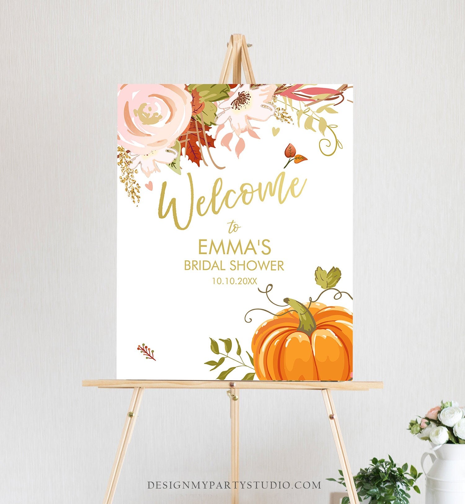 Editable Pumpkin Welcome Sign Fall in Love Autumn Bridal Shower Wedding Baby Shower Birthday Table Sign Rustic Floral Corjl Template 0176
