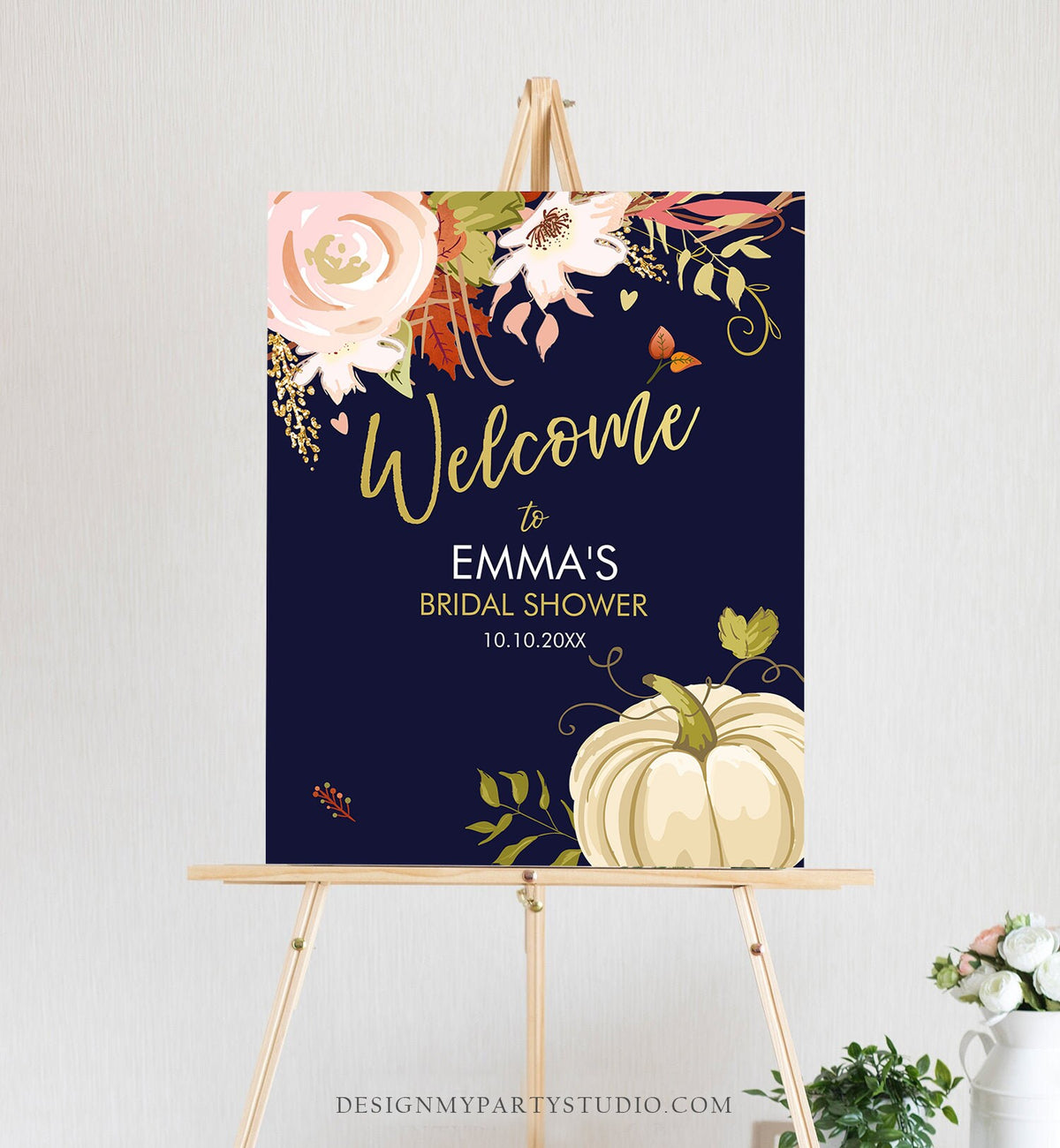 Editable Pumpkin Welcome Sign Fall in Love Autumn Bridal Shower Wedding Baby Shower Birthday Table Sign Rustic Floral Corjl Template 0176