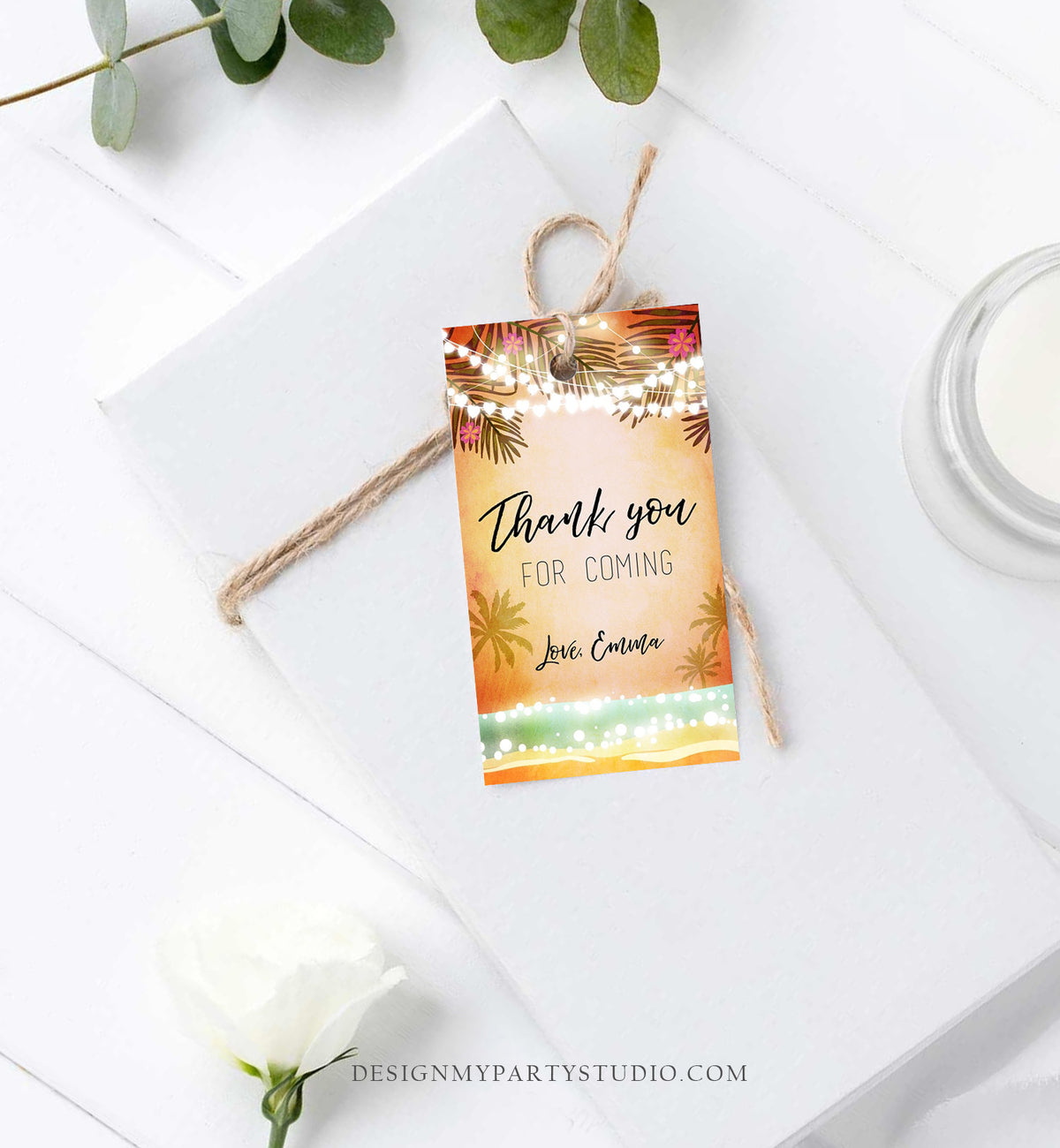 Editable Tropical Havana Favor Tags Thank You Tag Birthday Bridal Shower Cuban Sea Beach Dancing Party Palm Pink Orange Corjl Template 0176