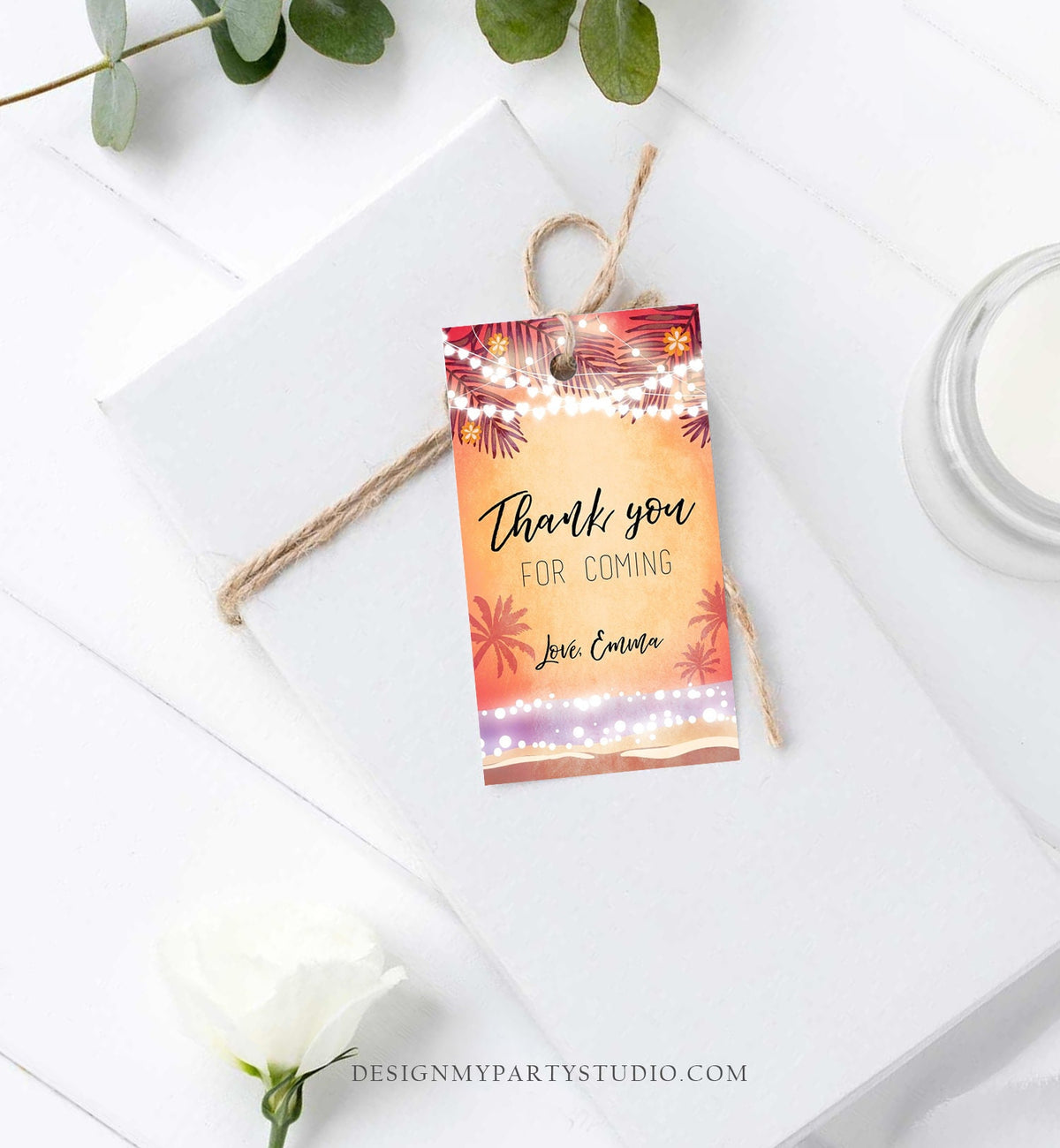 Editable Tropical Havana Favor Tags Thank You Tag Birthday Bridal Shower Cuban Sea Beach Dancing Party Palm Pink Orange Corjl Template 0287